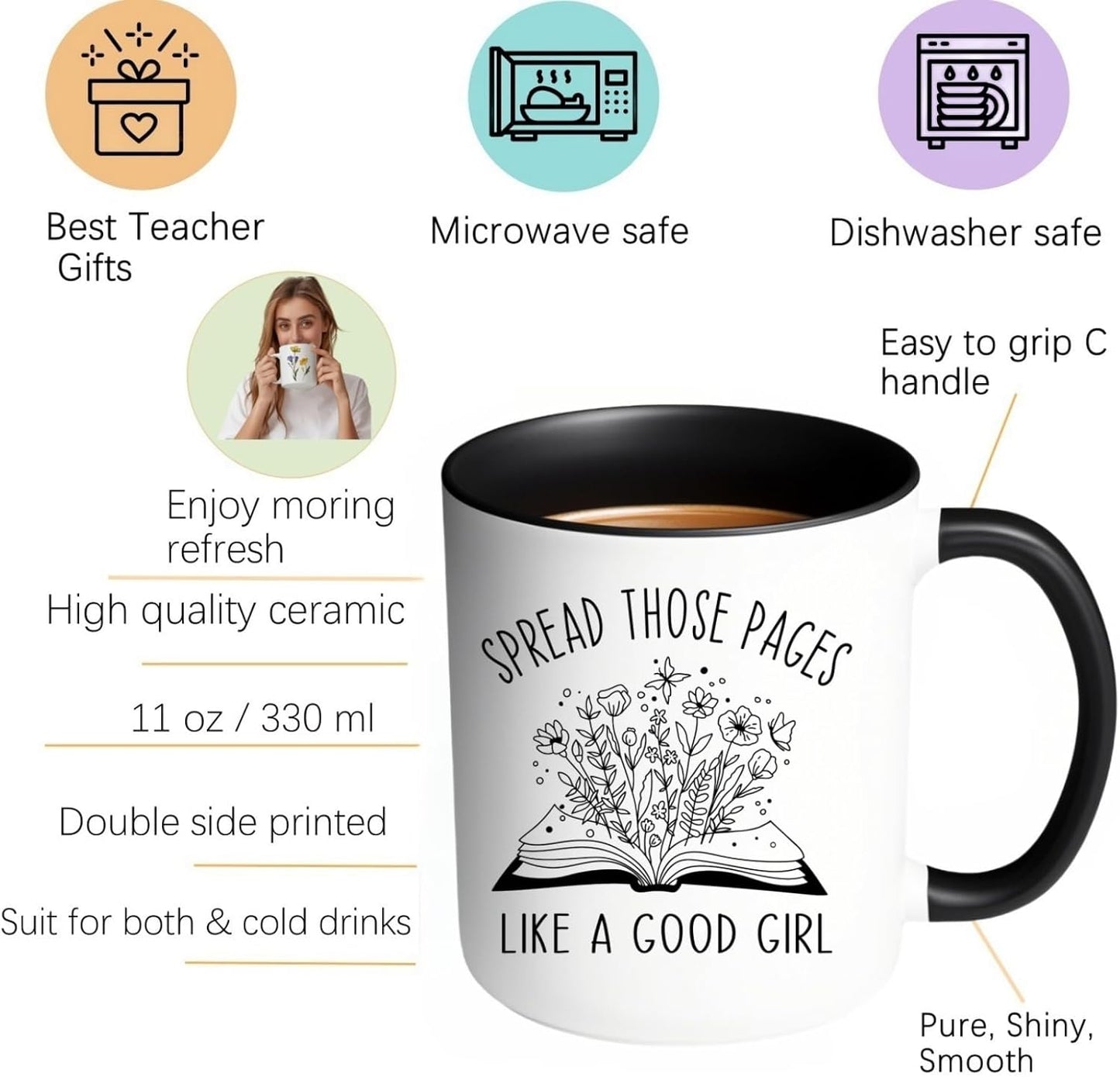 Book Lovers Mug, Bookish Smutty Spicy Reader Mug, Bookworm Novelty Girl Reading Gifts, Spread Those Pages Like A good girl Reader Cup, 11oz Ceramic Coffee Juice Smoothies Tea Cup
