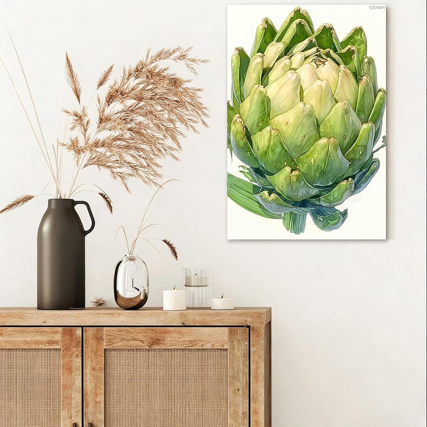 Artichoke Food Kitchen Watercolors Painting, Kitchen Wall Art, Cooking Print, Food Painting, Restaurant Decor for Home Bedroom Living Room Wall Decor Easy to Hang 8x12inch Canvas Print with Frame