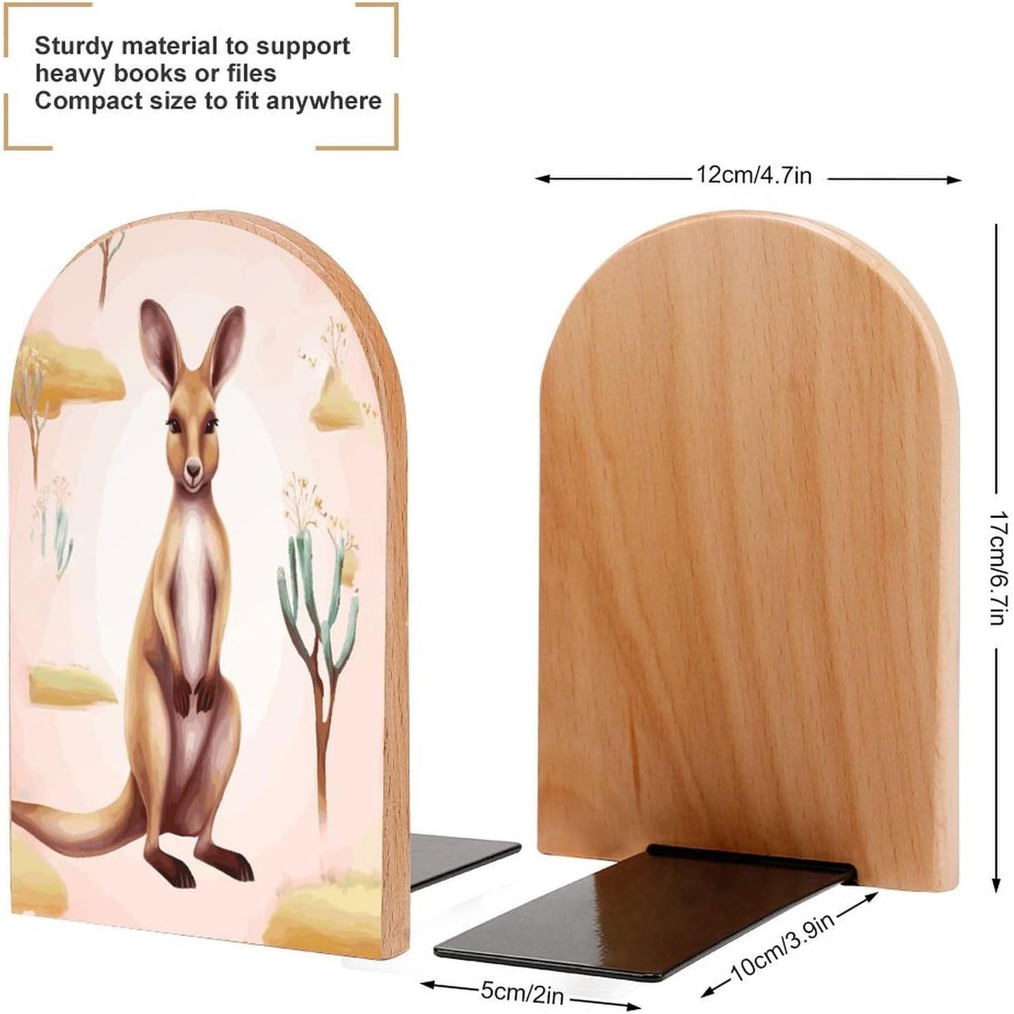 Non-Slip Bookend for Shelves Funny Cartoon Kangaroo Zoo Wooden Bookends with Metal Base Decorative Book Stopper for Home Heavy Duty Wood Book Storage for Books/CDs