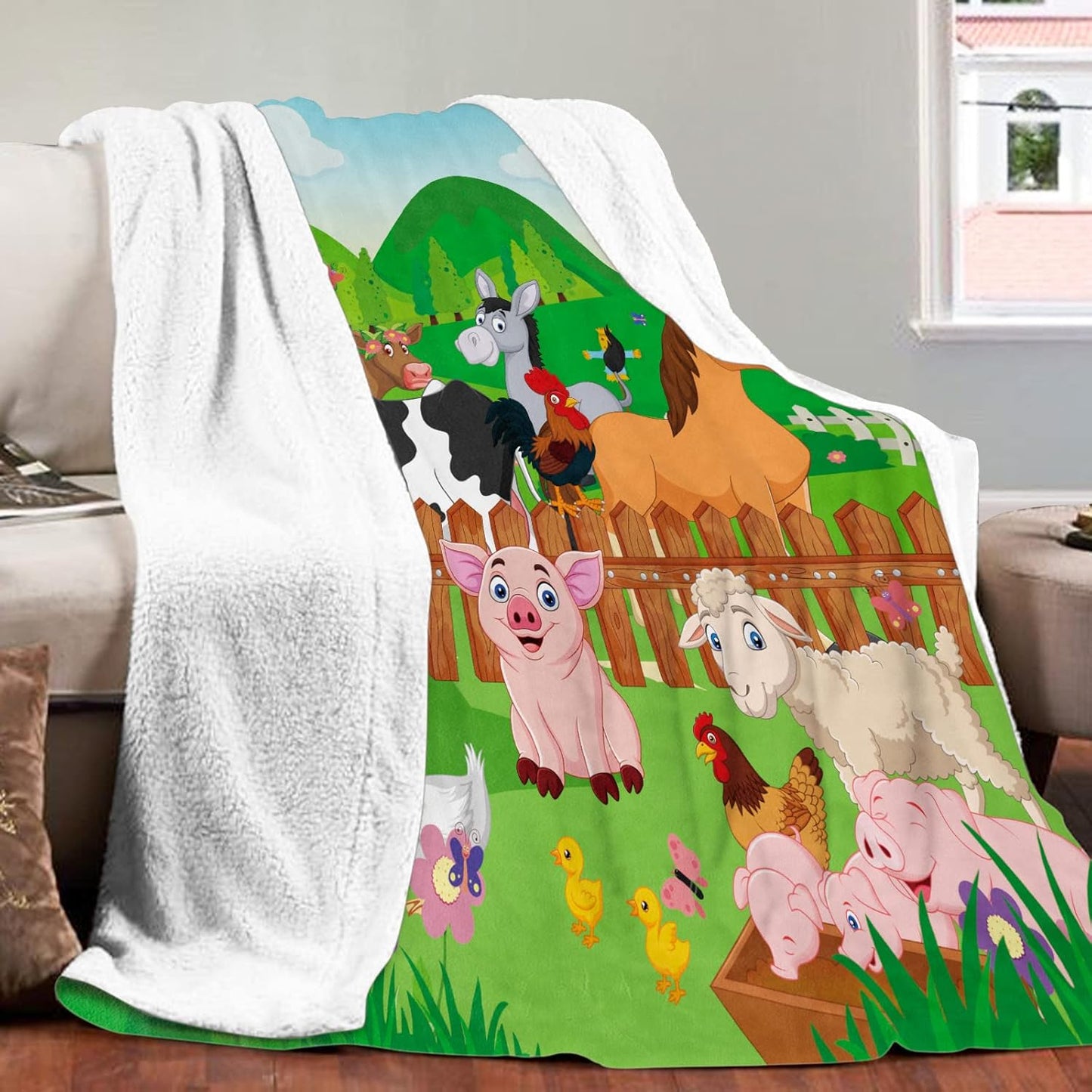 Farm Animal Throw Blanket, Cute Farm Animal Blanket for Kids, Soft Cozy Flannel Farm Dog Pig Lamb Hen Horse Cow Blankets, Fluffy Fleece Cartoon Animal Blanket for Teenagers Girl Boy Gifts, 50x60 Inch