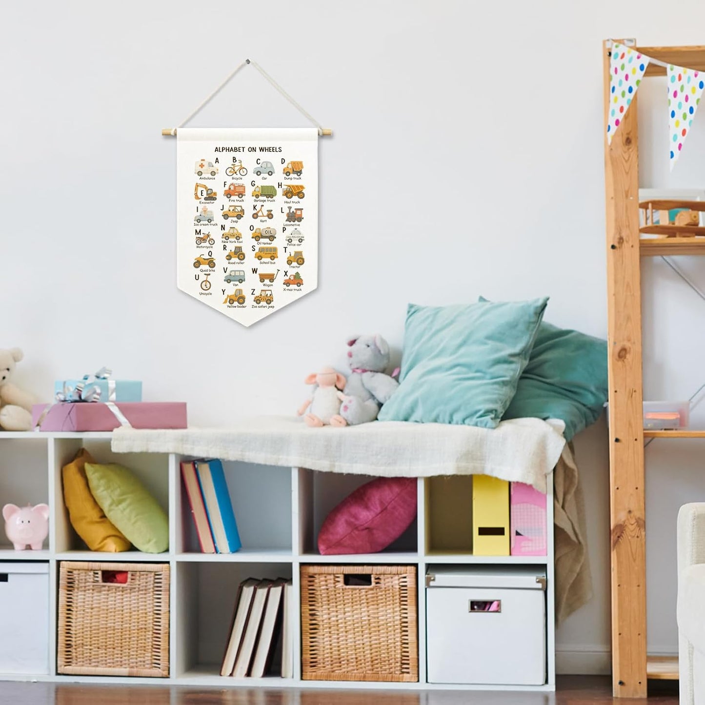 Classroom Car Alpahbet Kids Boys Room Decor, Nursery Cute Traffic Banner Canvas, Abc Educational Wall Hanging Frame Decor Art Pennant Flag for Playroom Toddler Room Preschool Dorm 11x15in