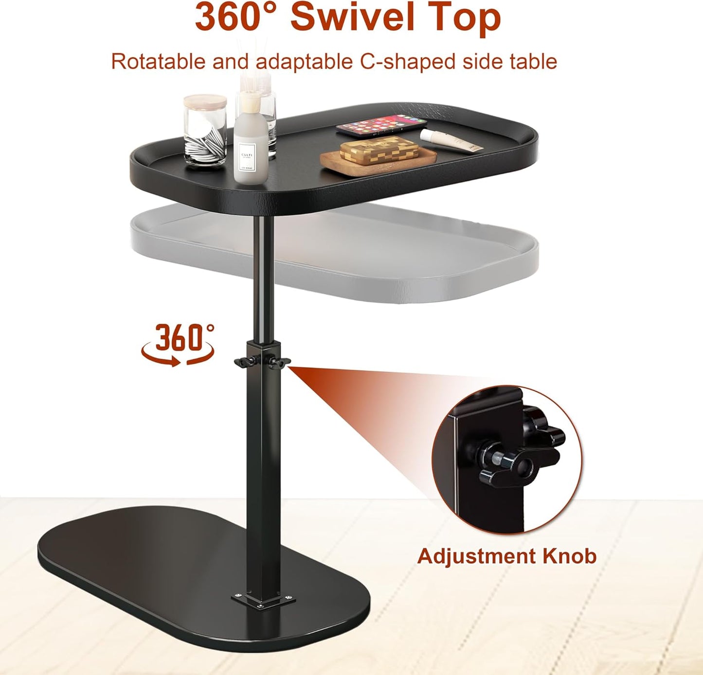C-Shaped Side Table — Height-Adjustable, 360° Rotating, Slide-Under, for Sofa / Bed / Bathtub