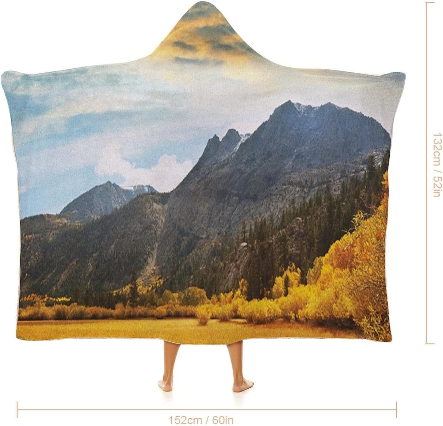 Throw Blankets, Woodland Wearable Hooded Blanket for Adults, Autumn in Mountain Golden Colored Grassland Sun Rays, Soft Warm Cozy, 60 x 80inches, Studying Reading Snuggling Napping Office