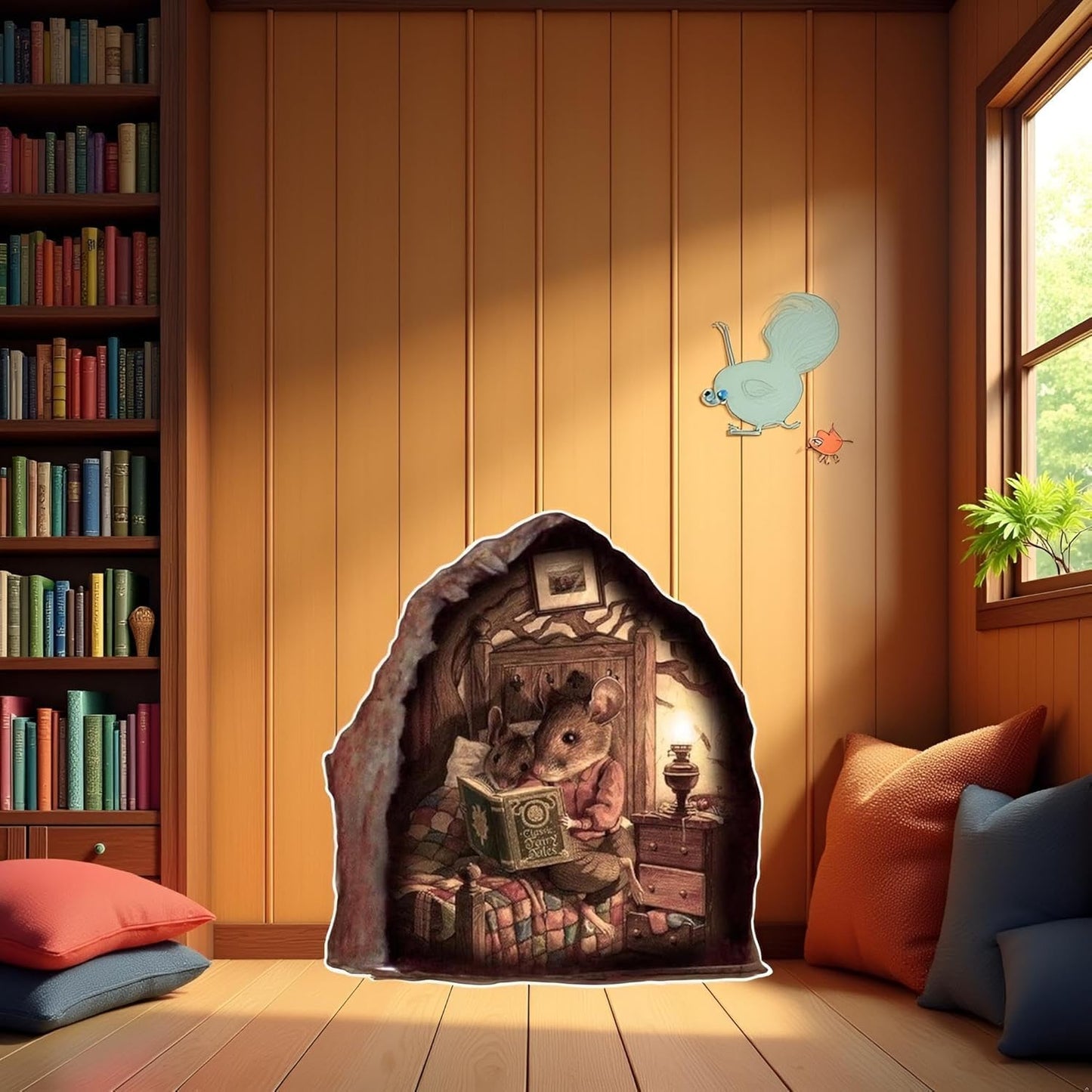 Mouse Hole Wall Decal, 3D Mouse Hole Realistics Wall Sticker, Reading Book in a Decal Fun Art, Water Proof Wall Stickers for Bedroom Decor Wall Treatments and Supplies
