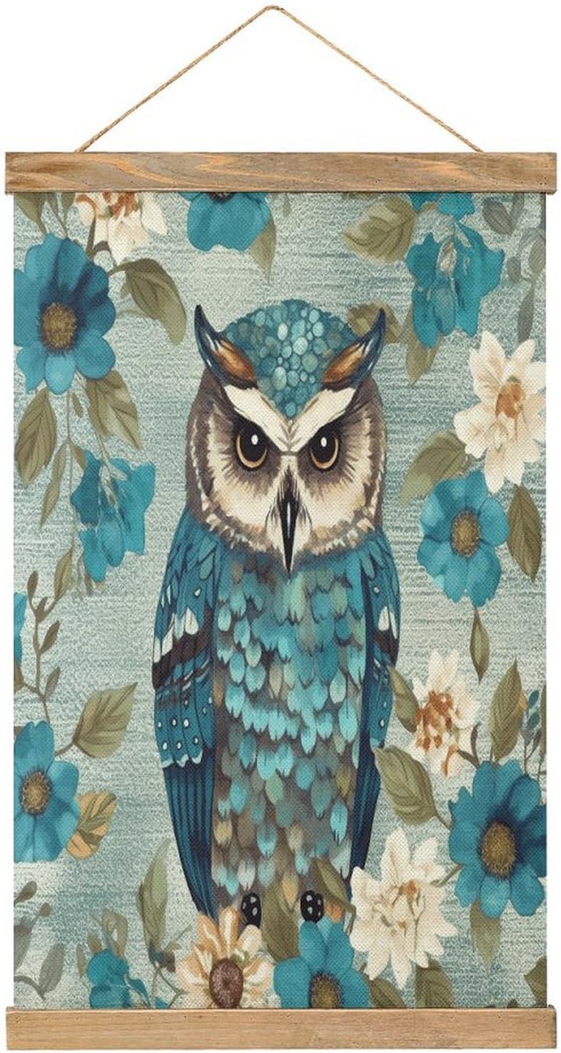 Vintage Owl Spring Flowers Turquoise Poster with Wooden Frame Personalized Linen Hanging Scroll Painting Rustic Wall Hanging Illustrative Modern Artwork Decor for Home Living Room Bedroom Office