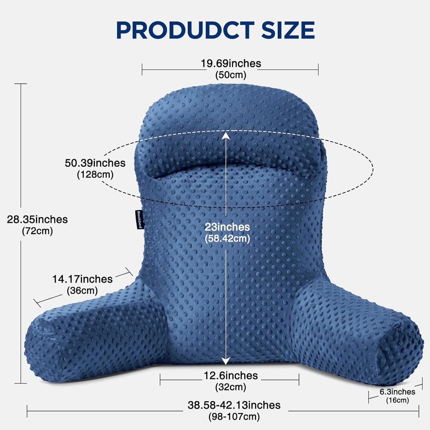 Reading Pillow for Sitting in Bed Couch Adult, Back Pillow for Bed Sitting Up, Back-Rest Support Cushion with Pockets and Arms, Watching TV, Relaxing, Reading, Navy Blue