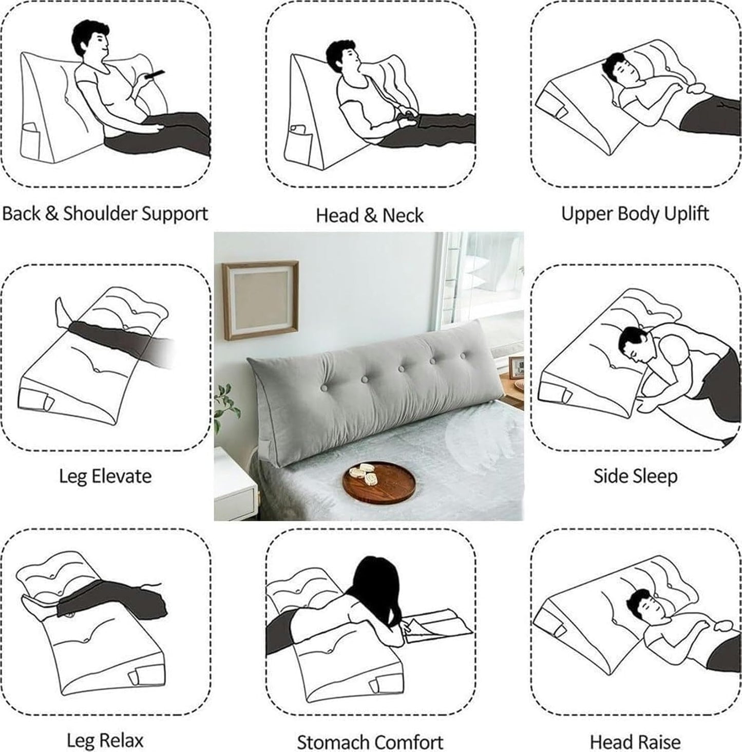 Triangular Headboard Pillow, Sofa Bed/Sofa Queen Reading Pillow, Bed Side Cushion, Large Back Lumbar Pillow with Removable Dimple, Triangular Sit Up Support Positioner with Pockets, Light Gray