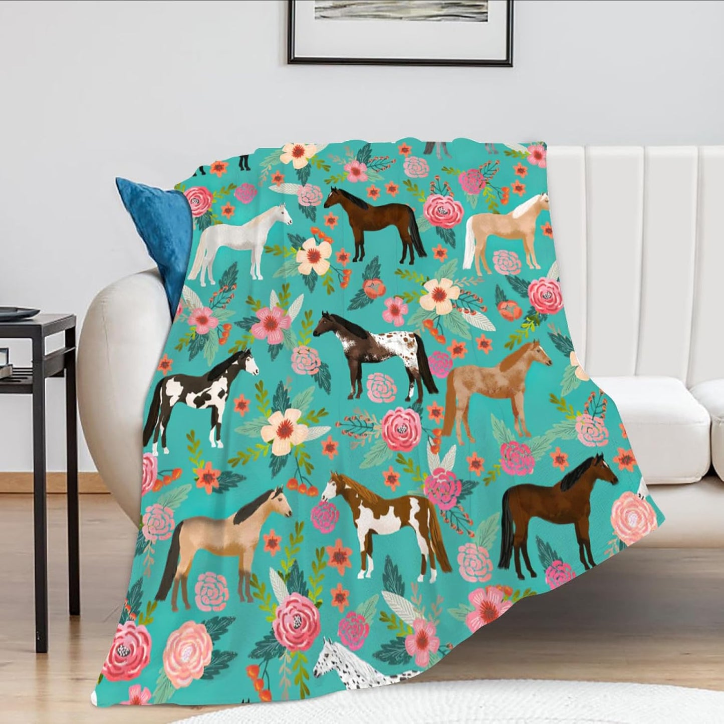Horse Blanket Gifts for Girls Women Cute Horses Flowers Flannel Fleece Throw Blanket Soft Warm Fuzzy Floral Blanket for Horse Lovers Decor Bed Couch Living Room for Kids 50"x40"