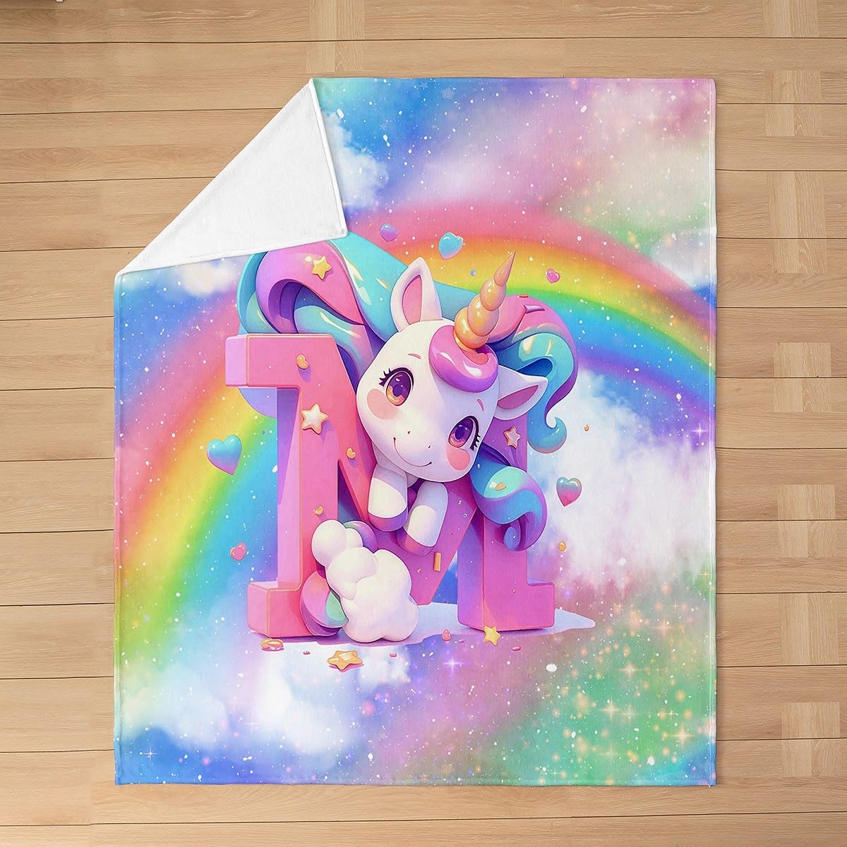 Kawaii Unicorn Kids Flannel Blanket,Shiny Stars Rainbow Cartoon Animal Throw Blanket,Alphabet 3D Initial Letter M Cozy Throws for Bed Couch Sofa,Chic Soft and Breathable,Throw Size (50 x 60 Inches)