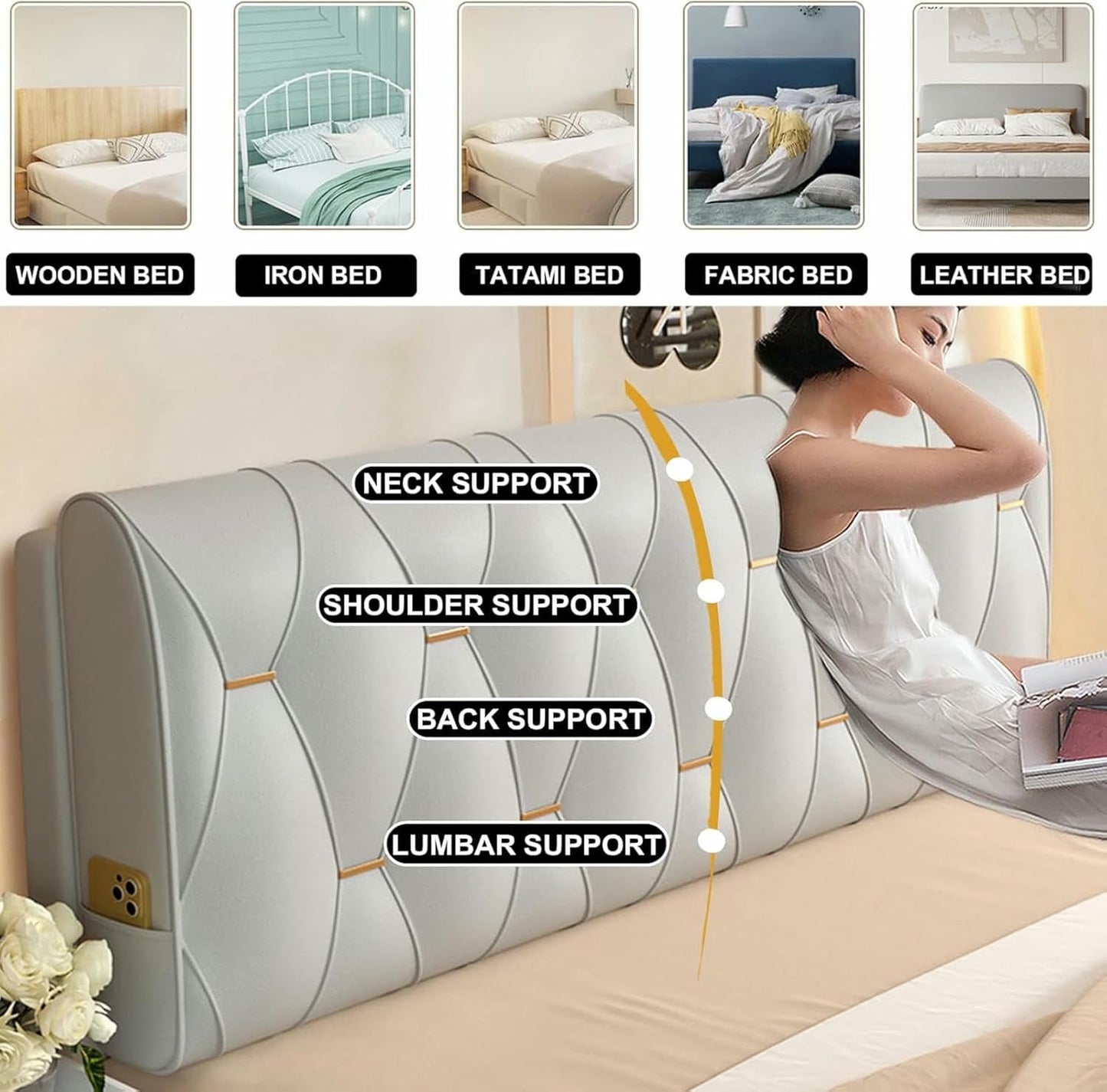 Large Headboard Pillow,Wall Mounted Rectangle Headboard Reading Pillow,Wedge Pillowboard Headboard Lumbar Upholstered Bed Backrest Bedside Cushion,Black,Straps/71x23x4In
