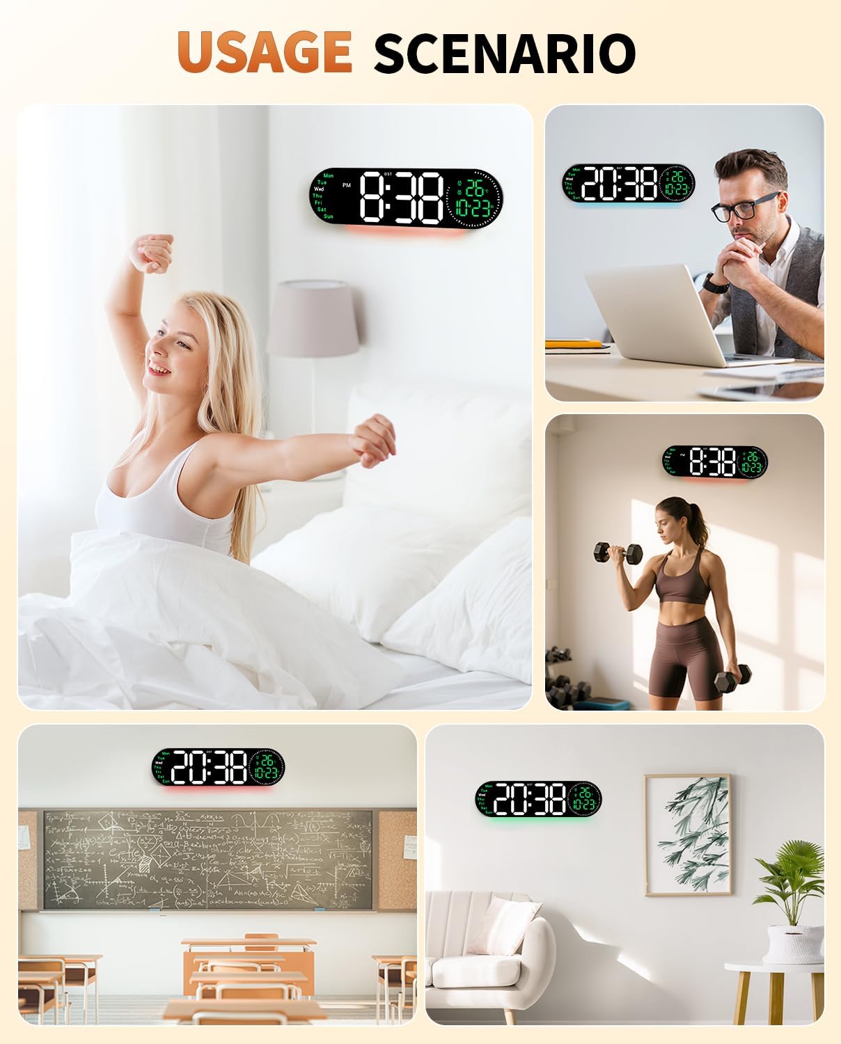 17.2 Inch Large Digital Wall Clock with 9 Color Changing Remote Control, Date Week Temperature, Auto Brightness Dimmer Big Clock Night Lights,Green