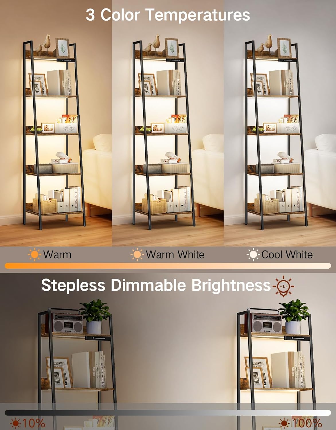5-Tier Small Ladder Shelf with LED Lights, Touch & Remote Control, 3 Color Temperatures, Dimmable Tall Corner Standing Bookcase, Metal Wood Display Shelf for Living Room, Bedroom