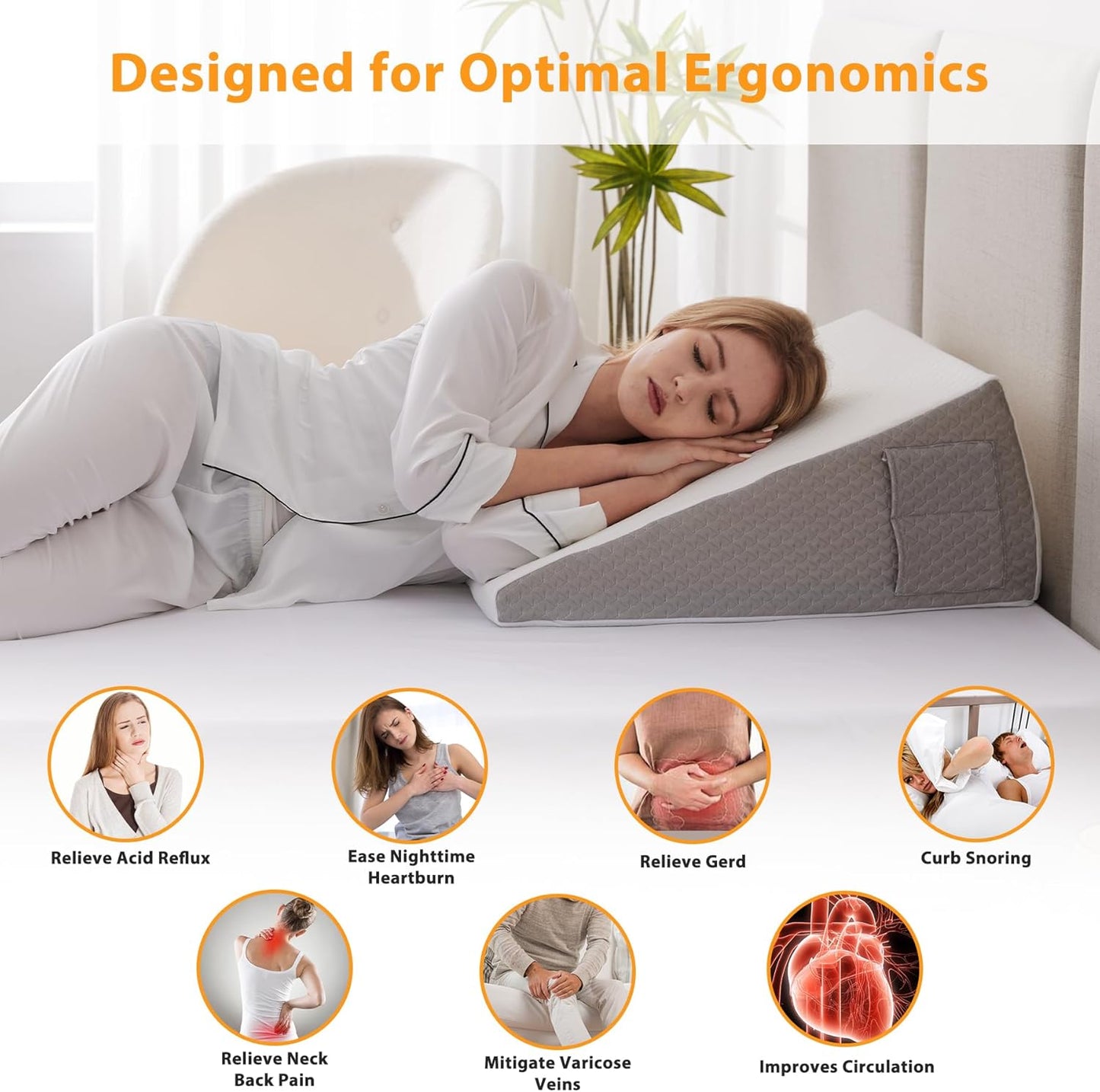 Wedge Pillow for Sleeping, 12" Bed Wedge Pillow for Headboard, Triangle Incline Wedges for Acid Reflux, Pillows Wedge for Back Pain Relief, Elevated Leg Pillows After Surgery, Snoring, White