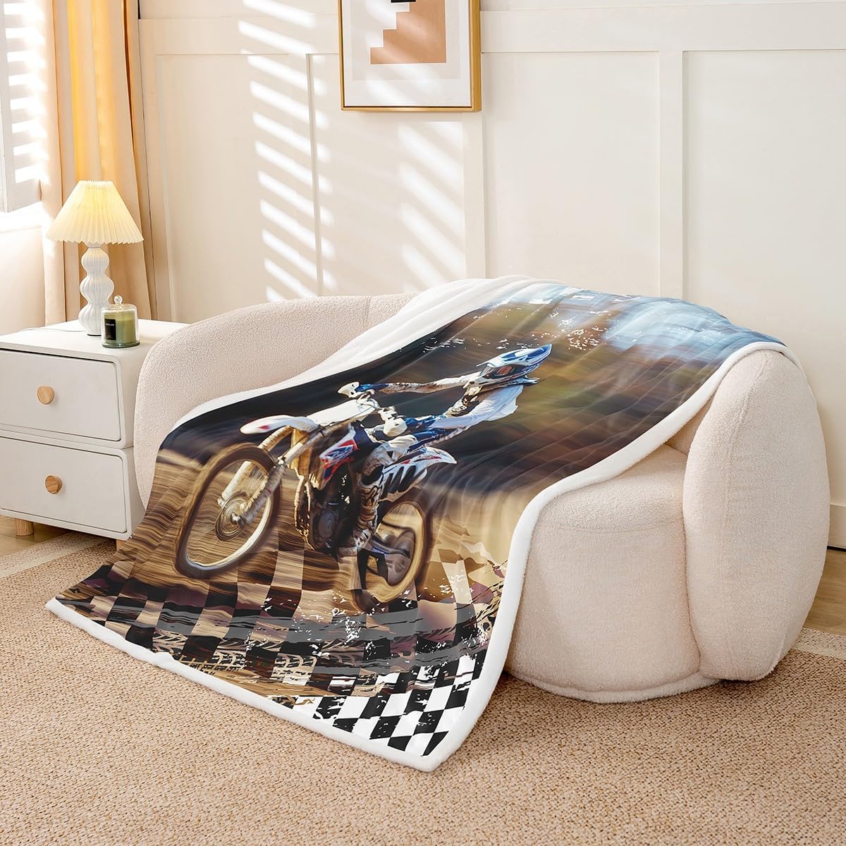 Feelyou Dirt Bike Sherpa Blanket for Bed Sofa Couch Kids Boys Girls Twin 60"x80" Motorcycle Racer Fleece Throw Blanket Ultra Soft Extreme Sports Plush Blanket Motocross Rider Fuzzy Blanket Motorbike