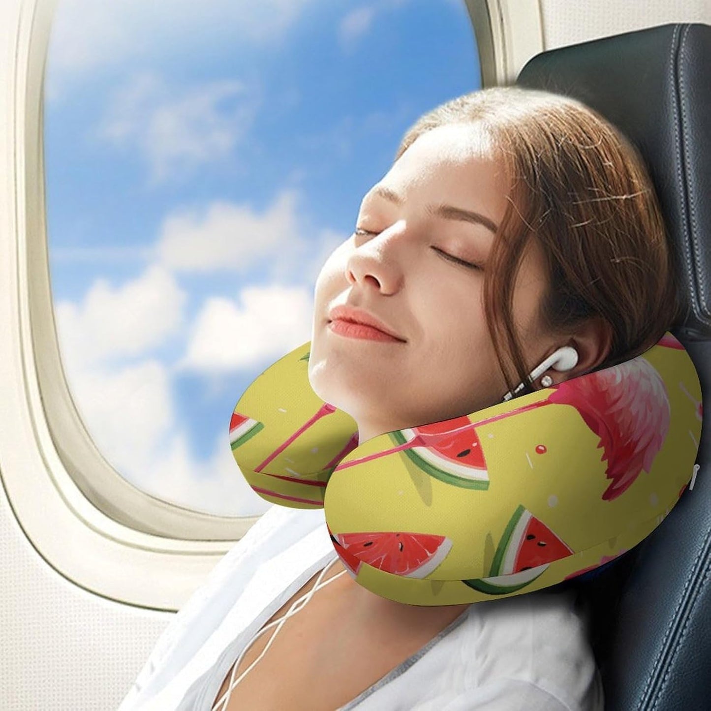 Pink Flamingo and Watermelon Neck Pillow Memory Foam U Shaped Pillows Portable Pillows for Shoulder Travel Head Support Pillow with Concealed Zipper for Airplane Car Home Office