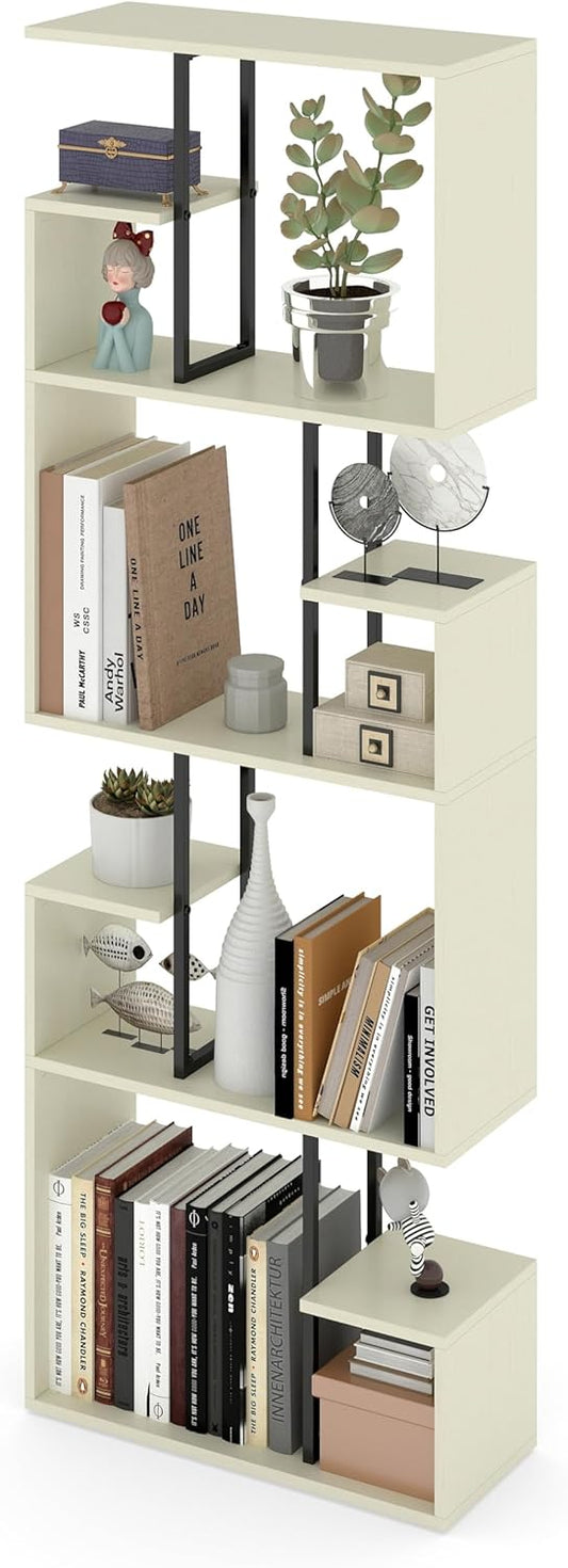 Manora 4 Tier Geometric Bookcase, S Shaped Bookshelf, Modern White Bookcase with Tall Display Shelves, Decorative Storage Shelf for Living Room and Bedroom