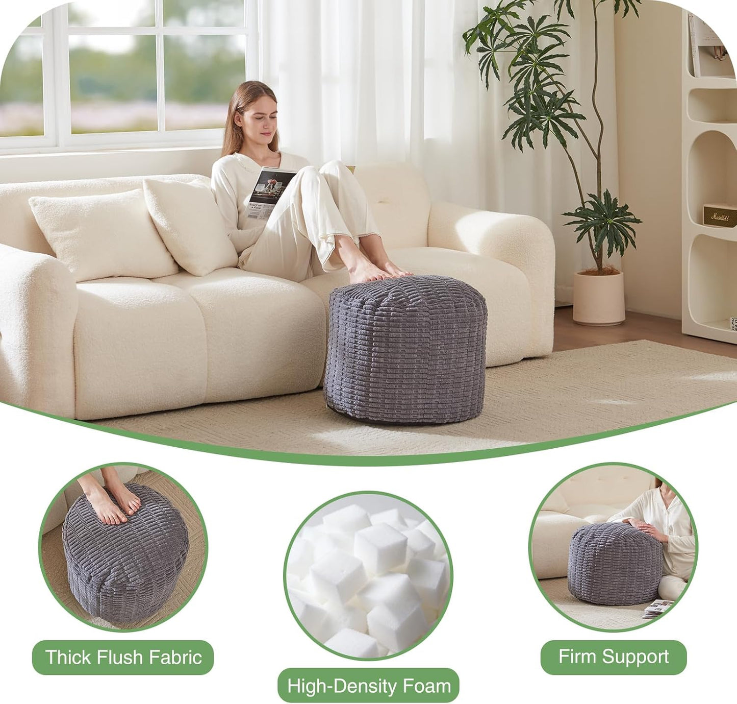 Round Stuffed Pouf, Corduroy Poufs with Foam Chunk Filling,20 X 15 Inches Floor Poufs Foot Rest for Living Room