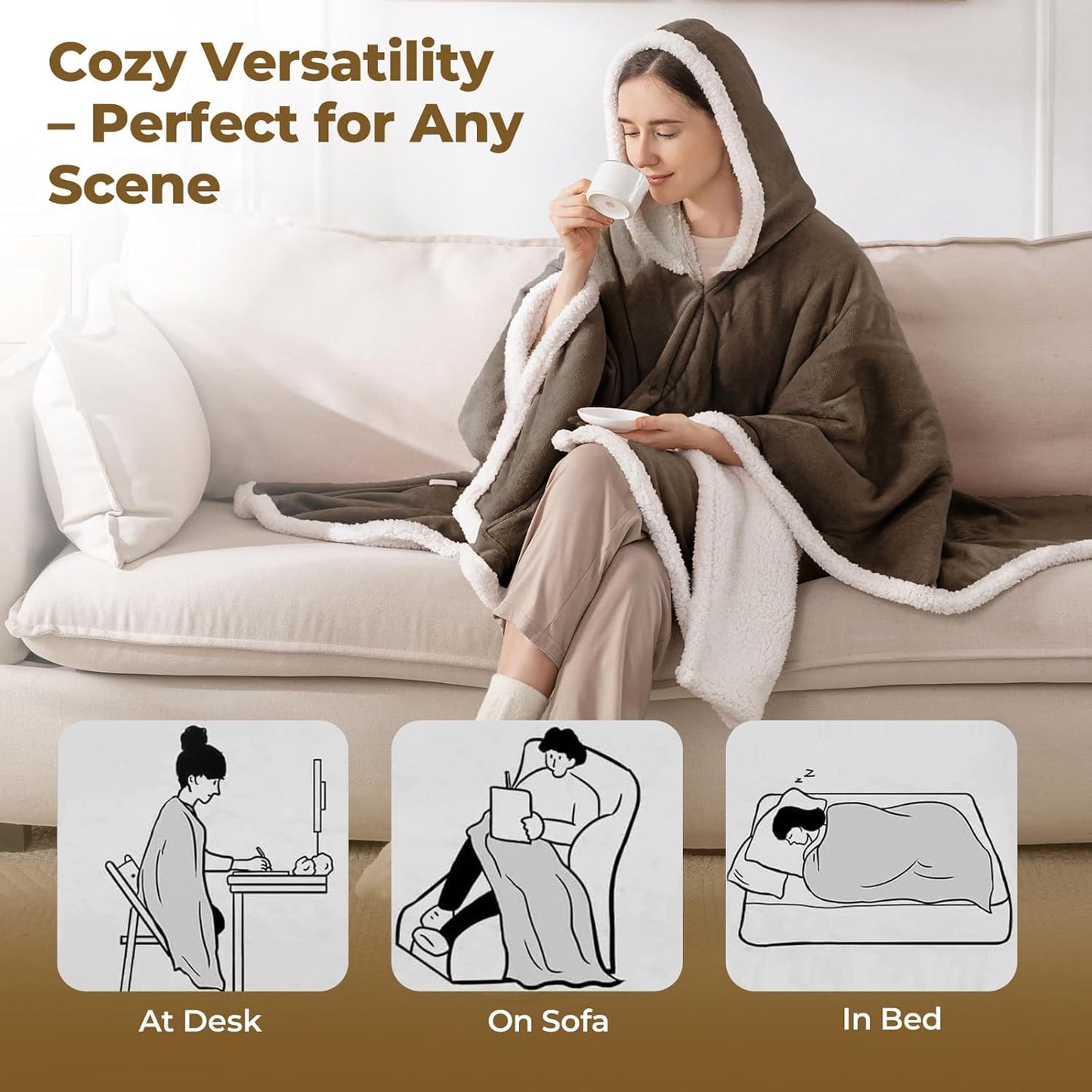 Wearable Heated Throw Blanket, Heated Shawl Electric Wrap Poncho with Hood & Pockets for Women & Men, 5 Heat Settings, 3H Auto-Off, Machine Washable, ETL Certified, Gift-Ready, 56x63, Brown