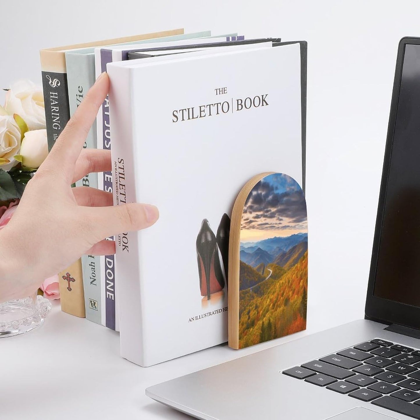 Blue Ridge Parkway Mountains Bookends 1 Pair Heavy Duty Book Ends for Shelves Non-Skid Bookend Supports Wooden Book Holders with Metal Base Desk Organizers Books Storage to Hold Books