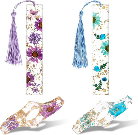 4 Pieces Dried Flower Resin Bookmarks,Transparent Floral Book Page Holder and Book Mark Set Handmade Bookmarks with Tassel Cute Book Accessories Gift for Reading Lover Students Teachers