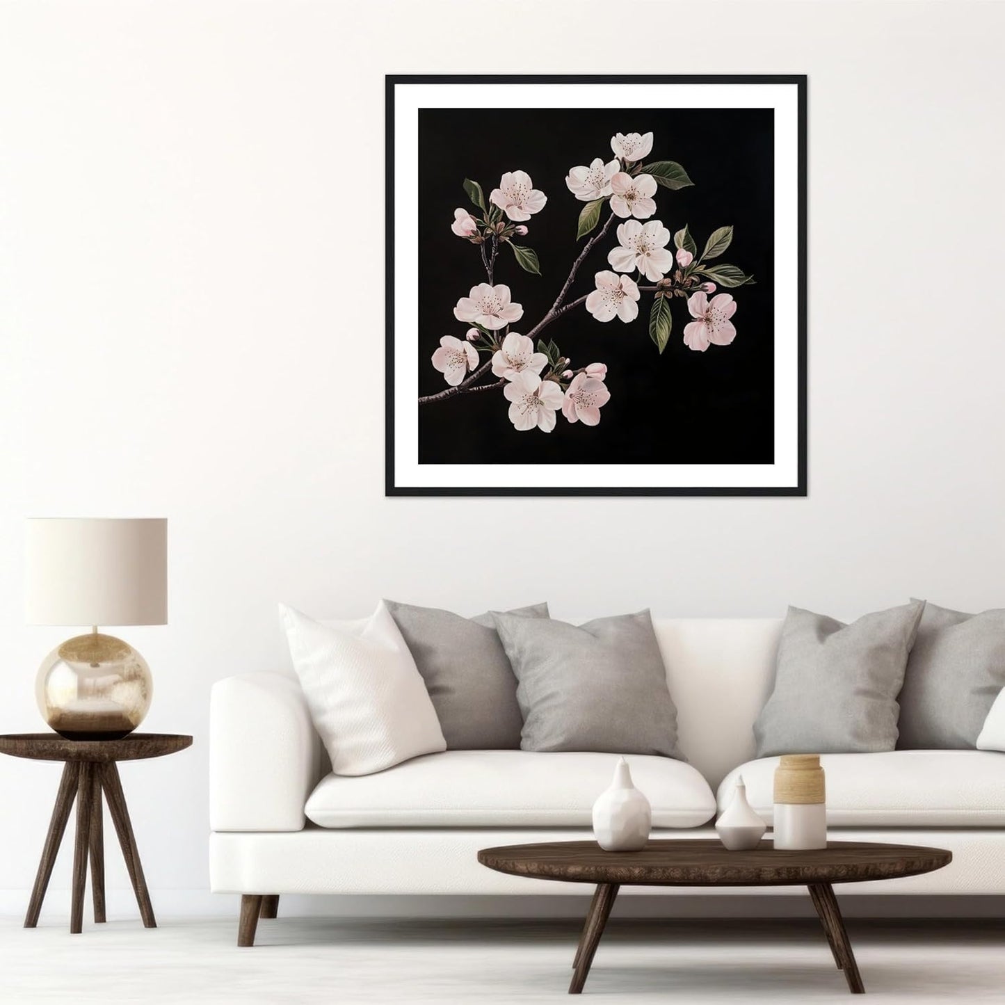 Moonow7 Cherry Blossom Wall Art Prints, Black and White Botanical Poster for Bedroom, Bathroom, or Office, Minimalist Flower Print for Tranquil Interiors, Unframed Size 30x30 cm / 12x12”