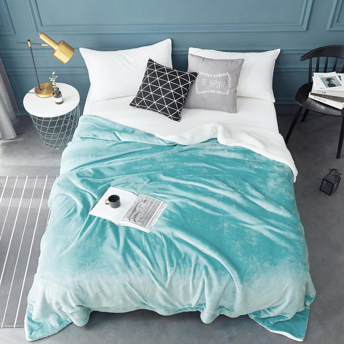 LBRO2M Sherpa Fleece Bed Blanket King Size,Super Soft Fuzzy Plush Warm Cozy Fluffy Microfiber Couch Throw Velvet Double Reversible Luxurious Blankets (Turquoise, King(90x104 Inches))
