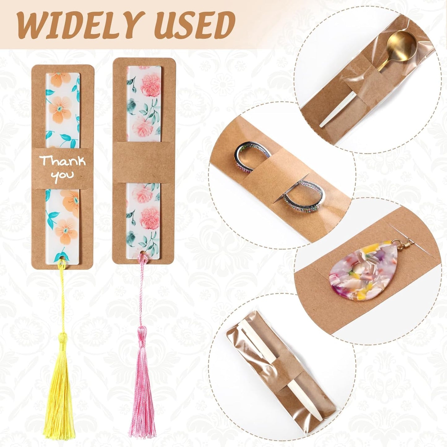 Honoson 100 Set Bookmark Holders Gift Set Kraft Paper Bookmark Sleeves Transparent Self Adhesive Bag DIY Blank Cover Display Cards for Wrapping Small Business Supplies Reading Party Favor