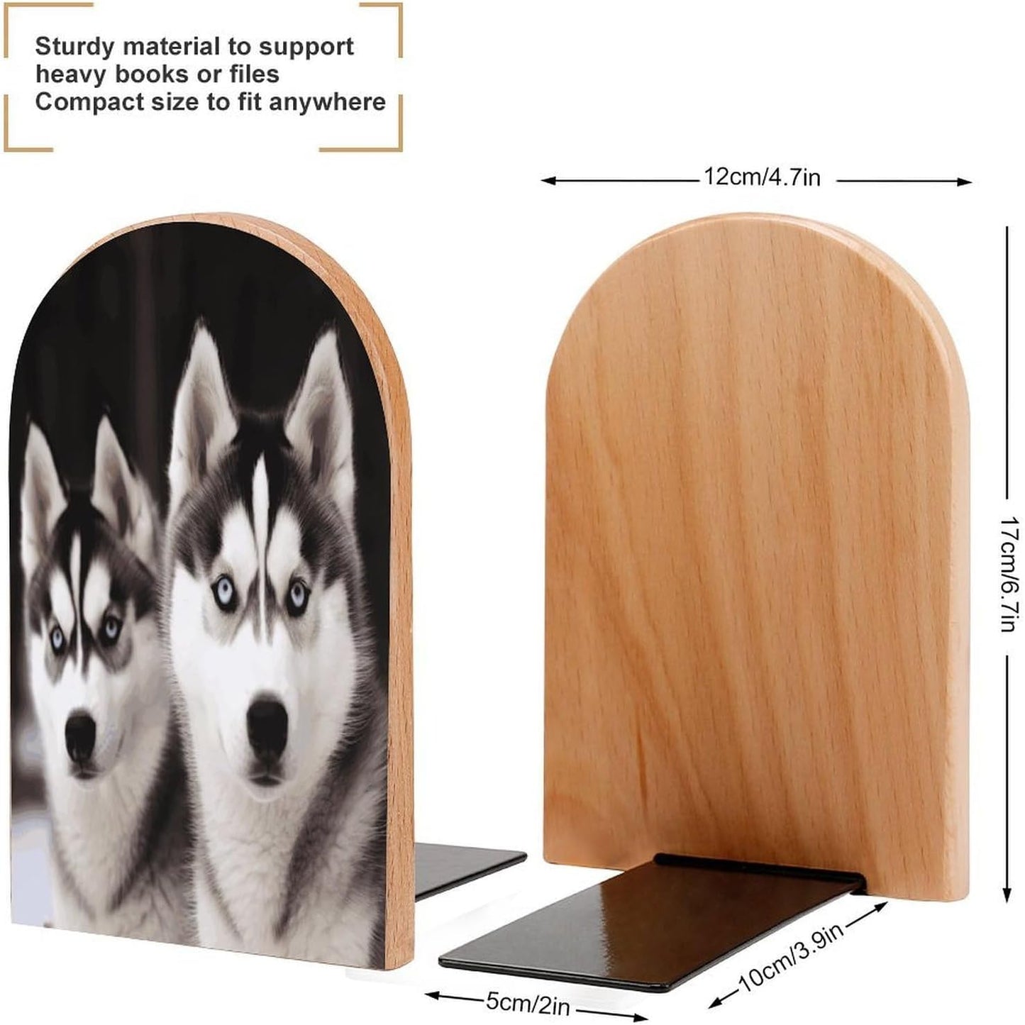 Husky Dog Bookend for Shelves Wooden Book End Large Size Sturdy Book Holders Stoppers with Metal Base for Bookshelves Slick Decorative Bookends Stands