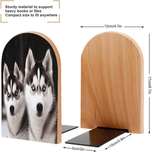 Husky Dog Bookend for Shelves Wooden Book End Large Size Sturdy Book Holders Stoppers with Metal Base for Bookshelves Slick Decorative Bookends Stands