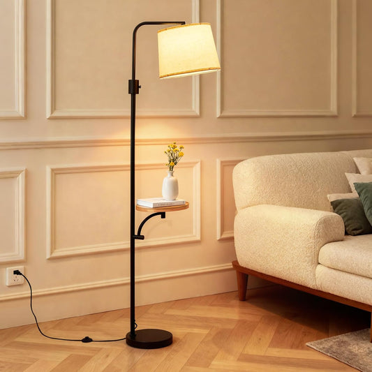 Corner Floor Lamp with Table, Black Modern Standing Lamp with Shelf, Dimmable Arc Tall Side Table with Lights for Living Room Bedroom Office with Adjust Head, Rotary Switch，LED Bulb Included