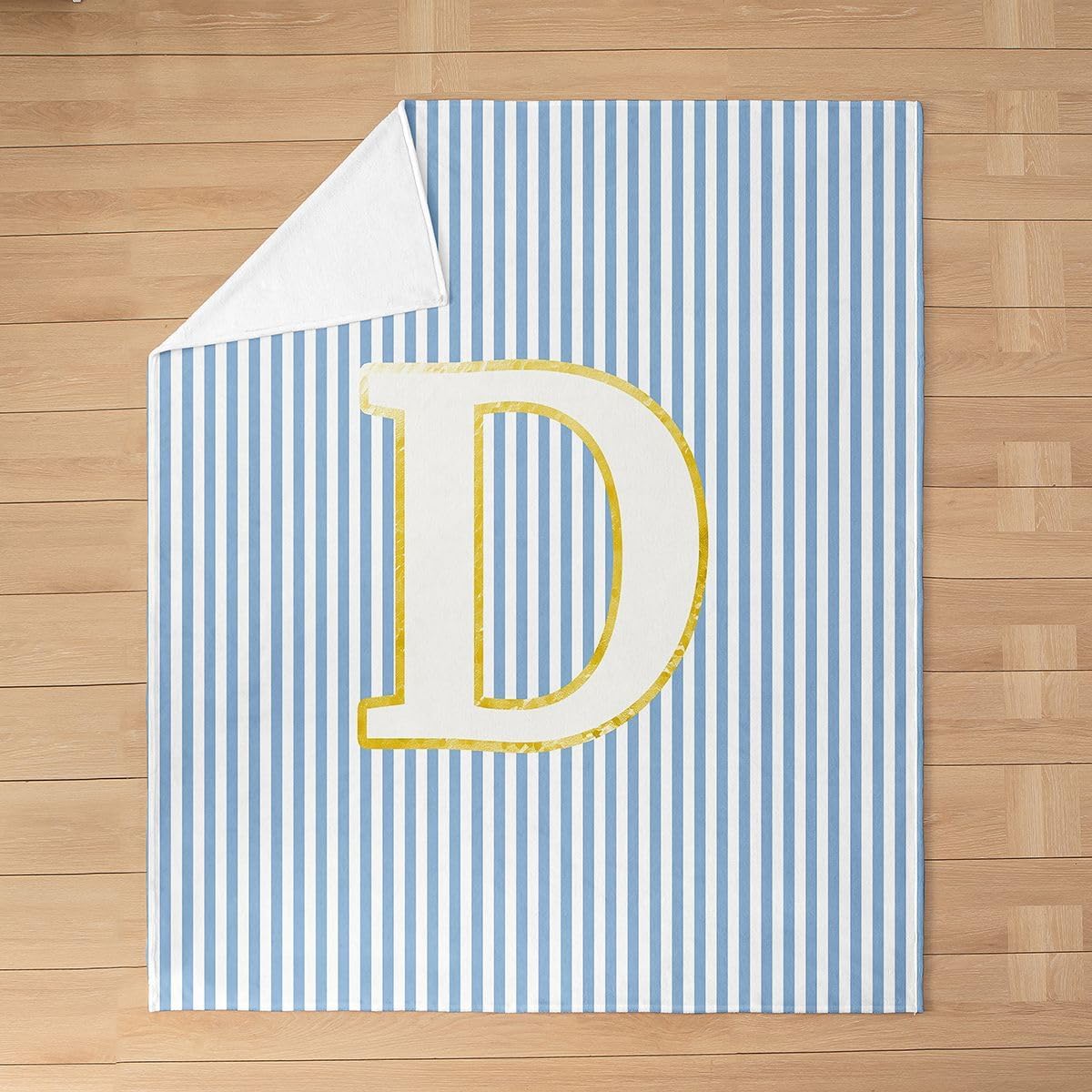 Manfei Initial Letter D Flannel Blanket for Kids Adults,Blue White Striped Flannel Fleece Blanket Queen 90"x90",Modern Aesthetic Stripe Lightweight Bed Blankets All Season Use
