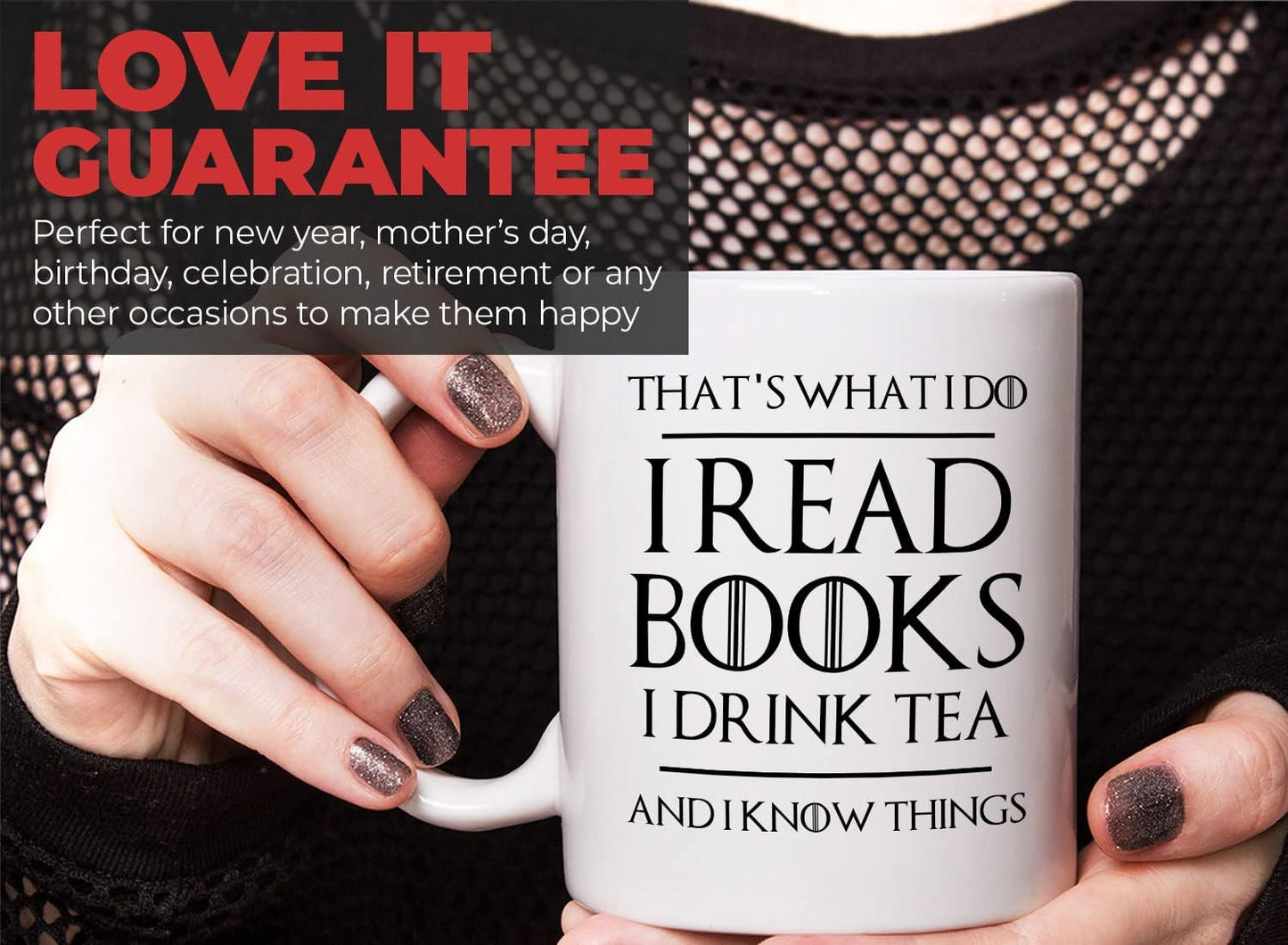 Book Lover Coffee Mug 11oz White - Read Books Drink Tea and Know Things - Gift for Reader Tea Lover Bookish Novelist Librarian Writer