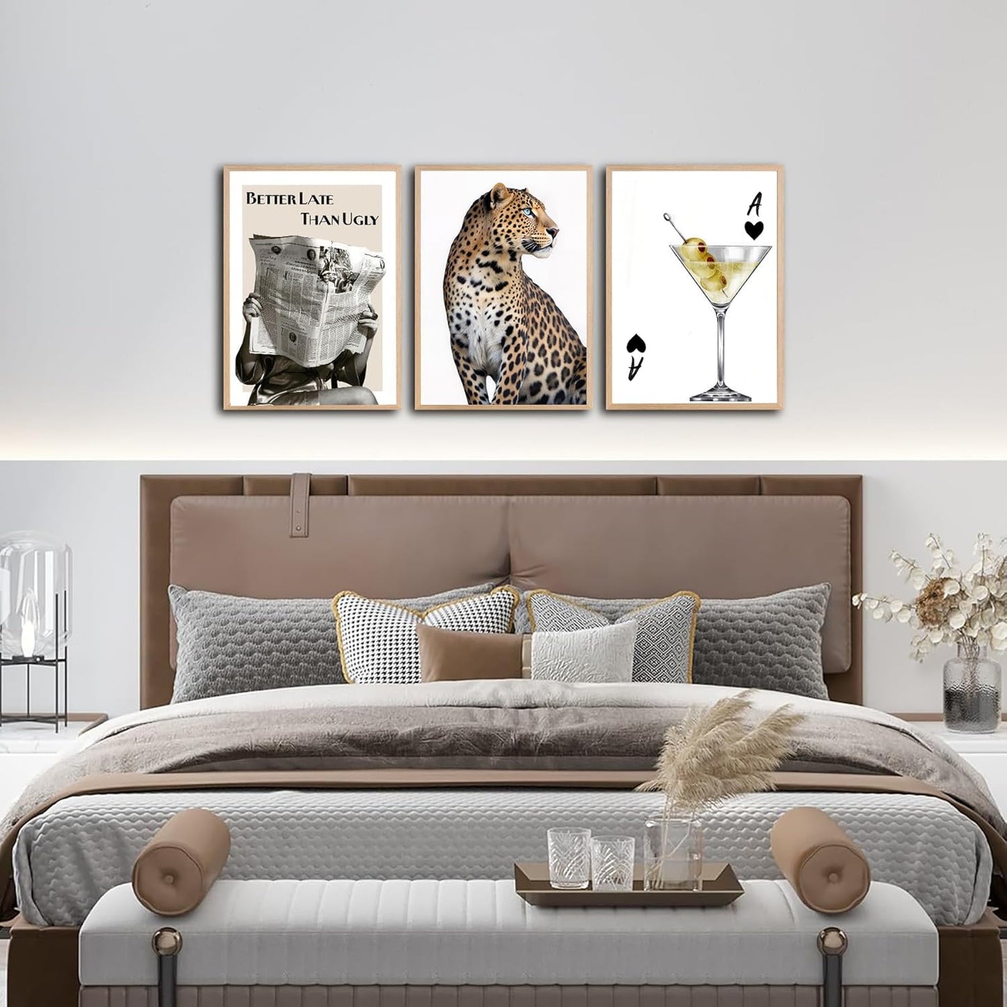 3Pcs Gold Leopard Canvas Wall Art Woman Reading Newspaper Leopard Poster Print for Living Room Dining Room Wall Decor（12×18in Unframed）