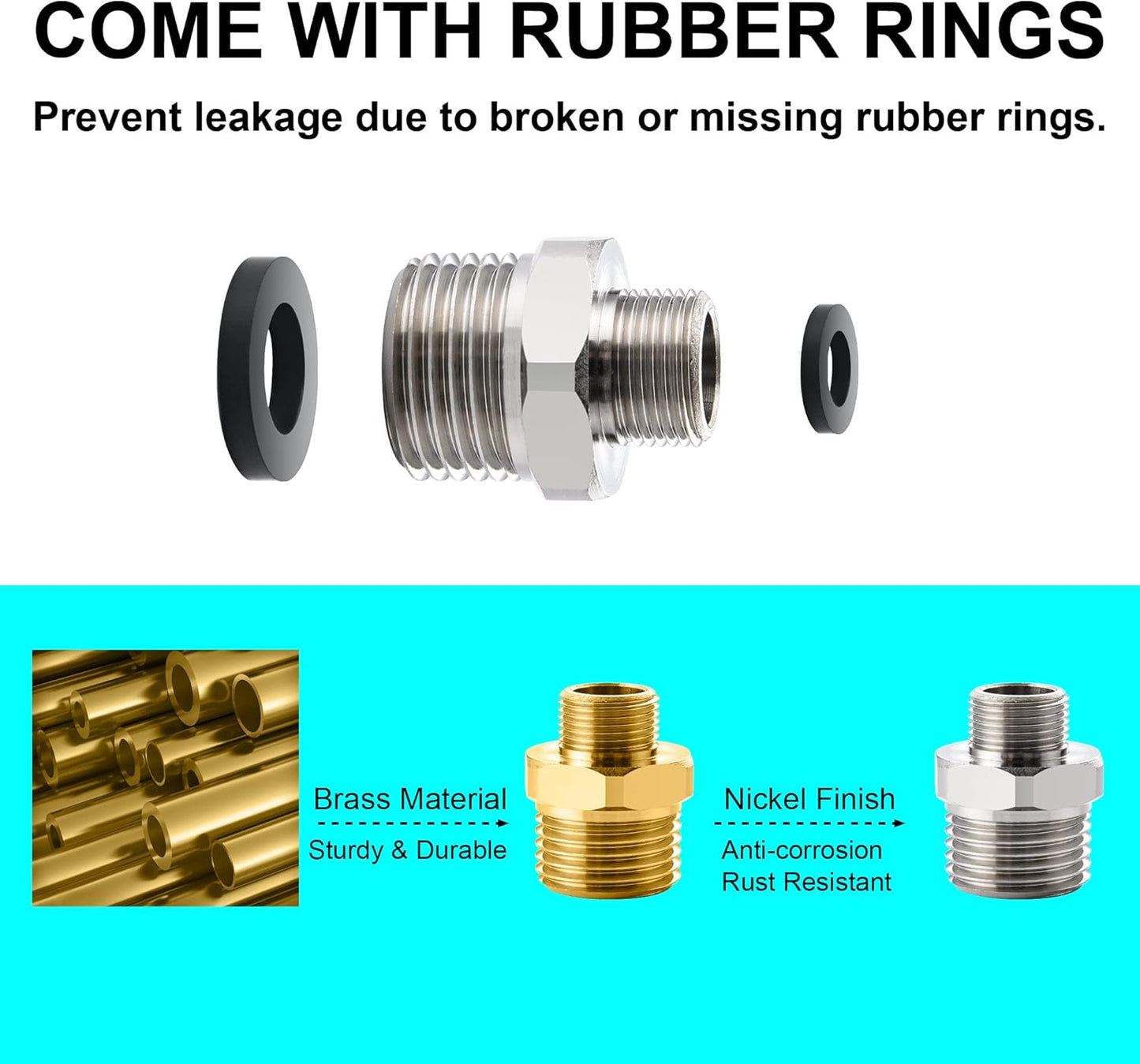 1/2 to 3/8 Reducer Faucet Adapter - Compression Brass Pipe Fitting, 3/8 Male to 1/2 Male Supply Line Adapter for RV Kitchen Plumbing, Water Hose Pipe Connector with Rubber Washer, (2 Pack)
