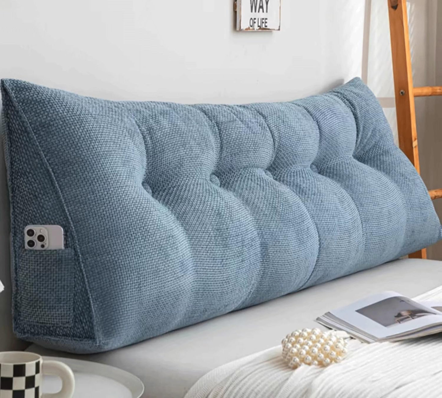 Ergonomic Backrest Pillow - Headboard Cushion for Bed, Ultimate Back Support for Sitting Up, Comfortable Bolster for Reading & Relaxing (Blue 50x50x20cm)