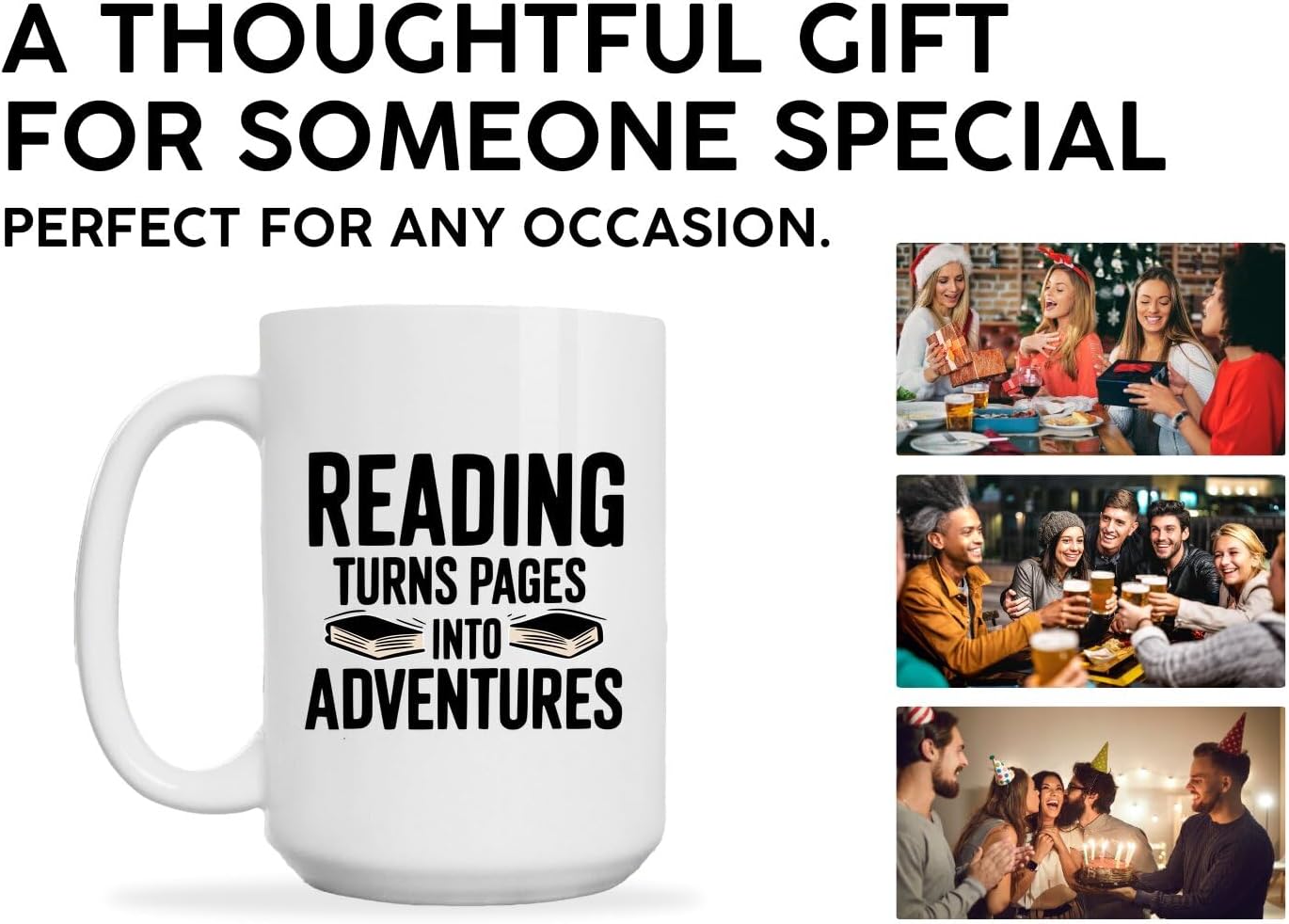 Reader Coffee Mug 15oz White -Reading adventures - Gift for Reader Book Lover Funny Reading Readers Writers Women Bookish Club