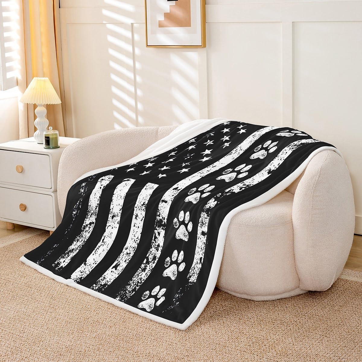 Dog Paws Print Kids Throw Blanket,American Flag Stripes Patriotic Bed Blanket,Girls Boys Adults Sofa Decor,Cute Animals Pets Fleece Blanket,Black White Retro Fuzzy Blanket,Throw Size (50 x 60 Inches)