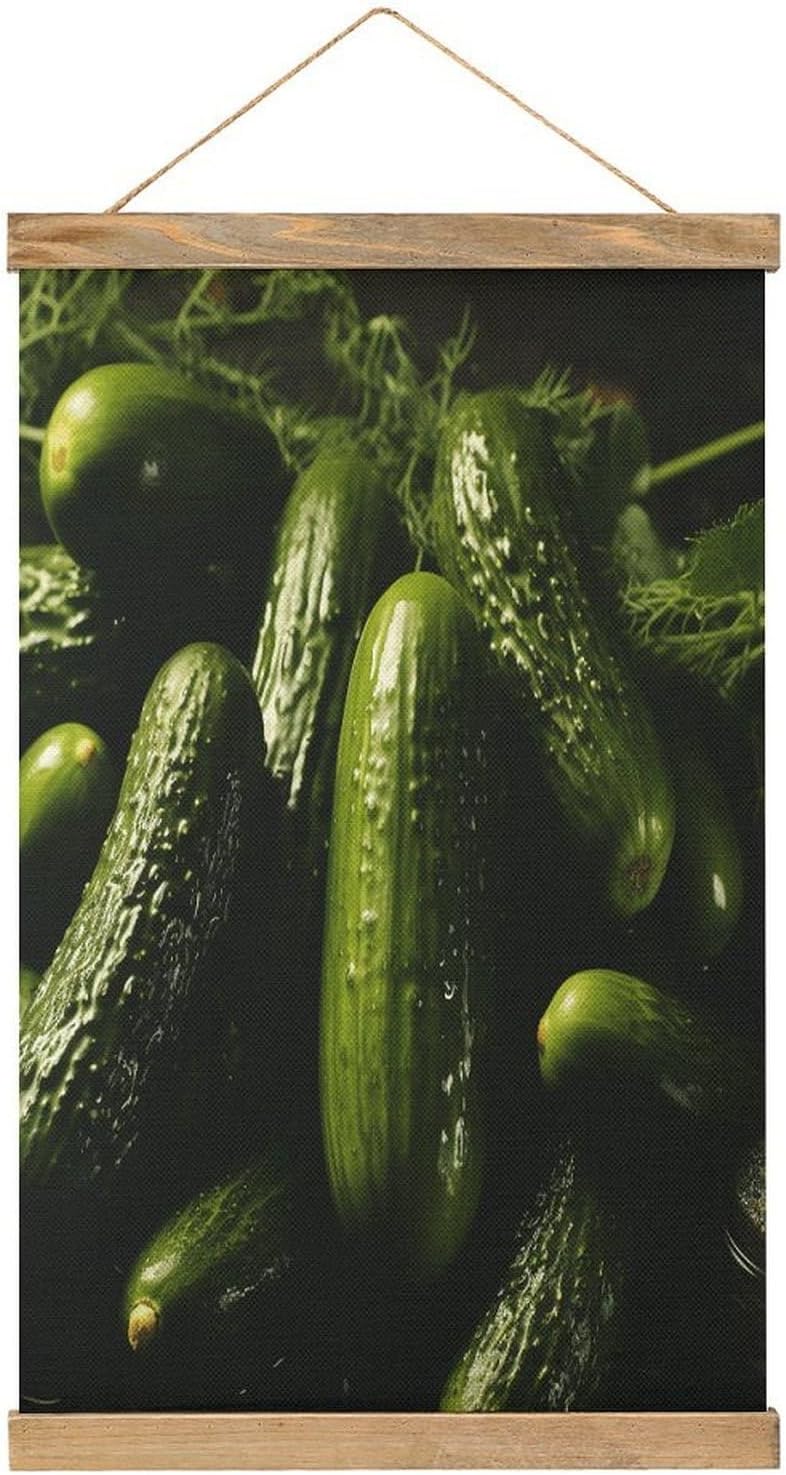 Vintage Pickle Poster with Wooden Frame Personalized Linen Hanging Scroll Painting Rustic Wall Hanging Illustrative Modern Artwork Decor for Home Living Room Bedroom Office