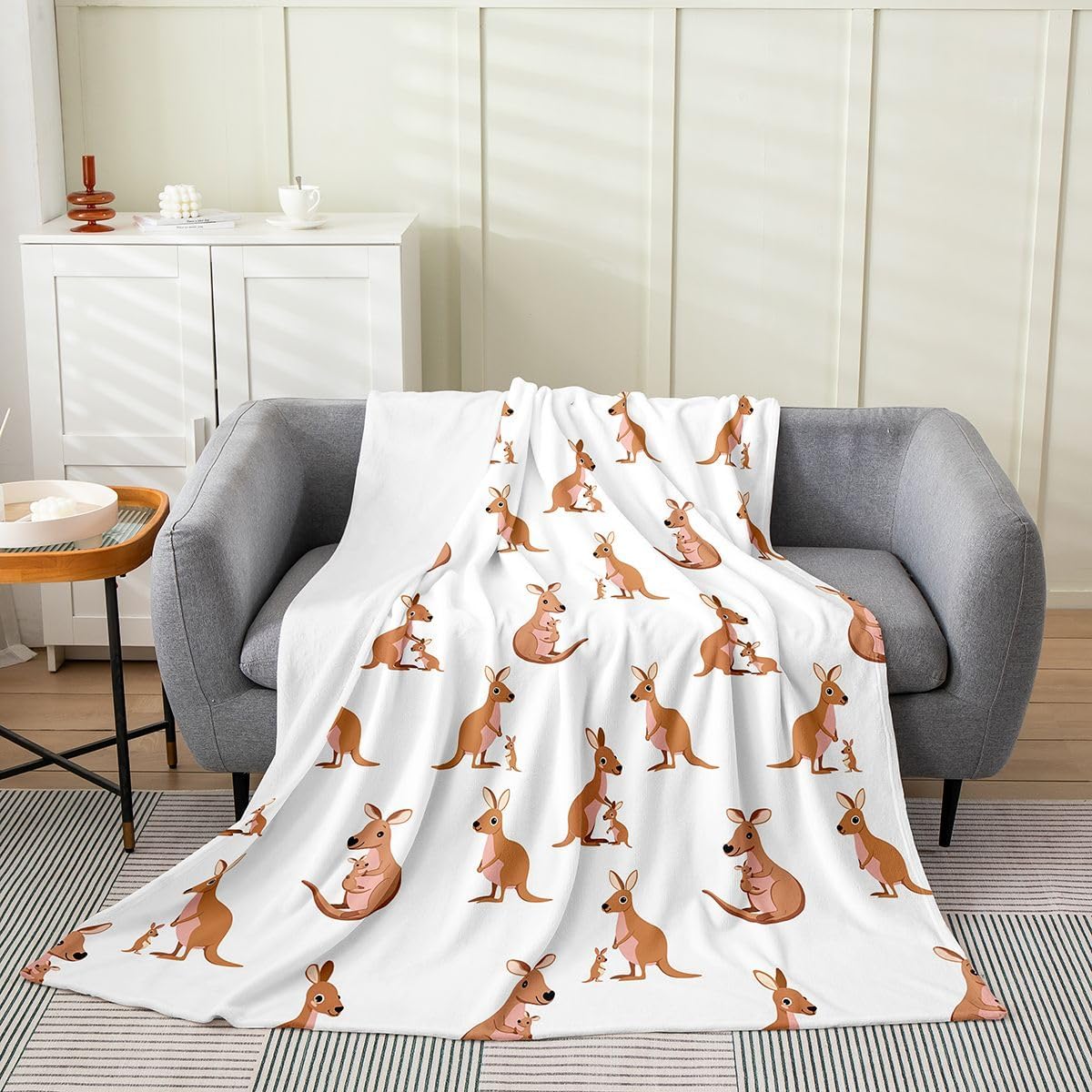 Feelyou Kids Kangaroo Throw Blanket All Season, Cute Wild Animal Bed Blanket for Girls Boys Bedroom Wild Kangaroos Decor Fleece Blanket, Brown Flannel Fuzzy Plush Blanket Queen 90"x90"