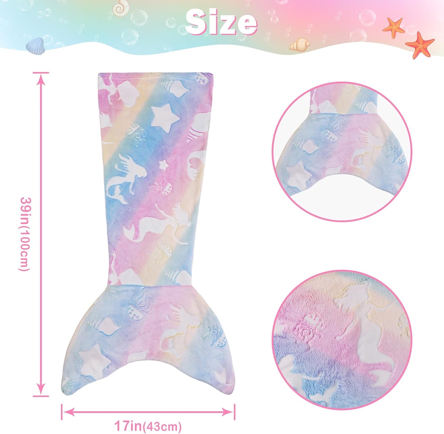 Viviland Kids Mermaid Tail Blanket - Mermaid Tail Blankets Glow in The Dark - Flannel Mermaid Blanket Gifts for Girls - Luminous Unicorn Super Soft Tie Dye Girls - Multicolor Jellyfish 17"×39"