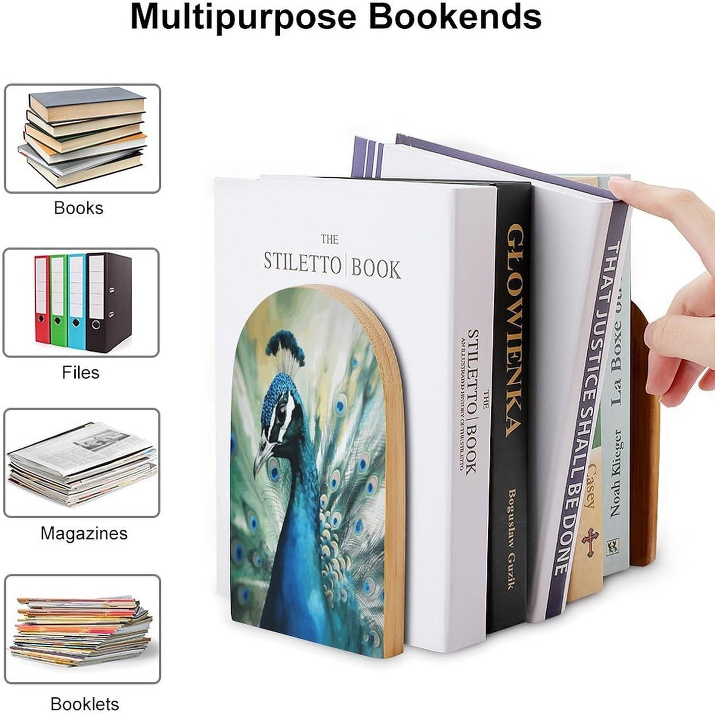 Cute Peacock Bookend for Shelves Wooden Book End Large Size Sturdy Book Holders Stoppers with Metal Base for Bookshelves Slick Decorative Bookends Stands
