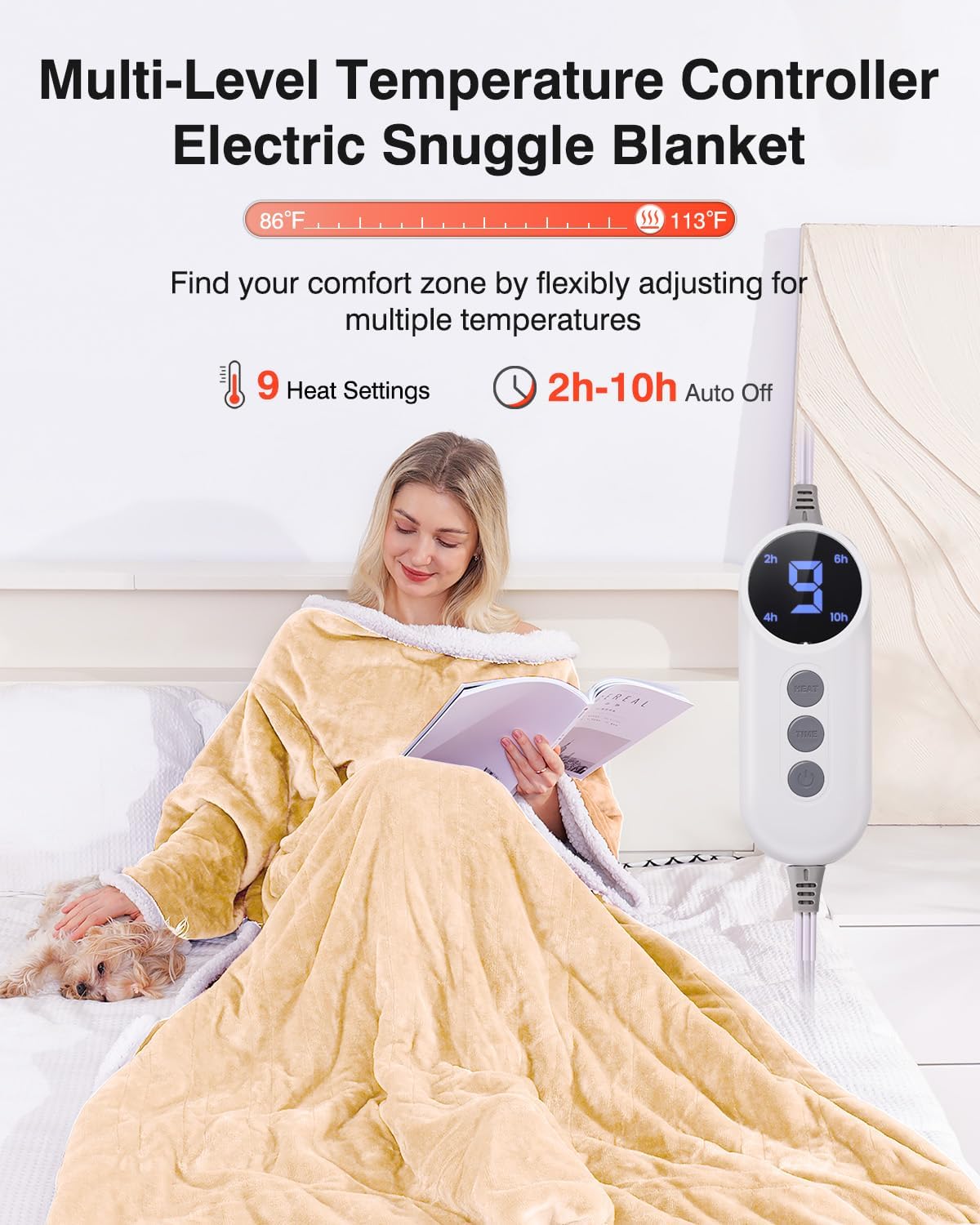 Wearable Heated Blanket with Sleeves, Electric Heated Robe with Foot Pockets, Electric Snuggie for Women, 9 Heating Levels & 2-10 Hours Timer, 50"x70" (Light Yellow)