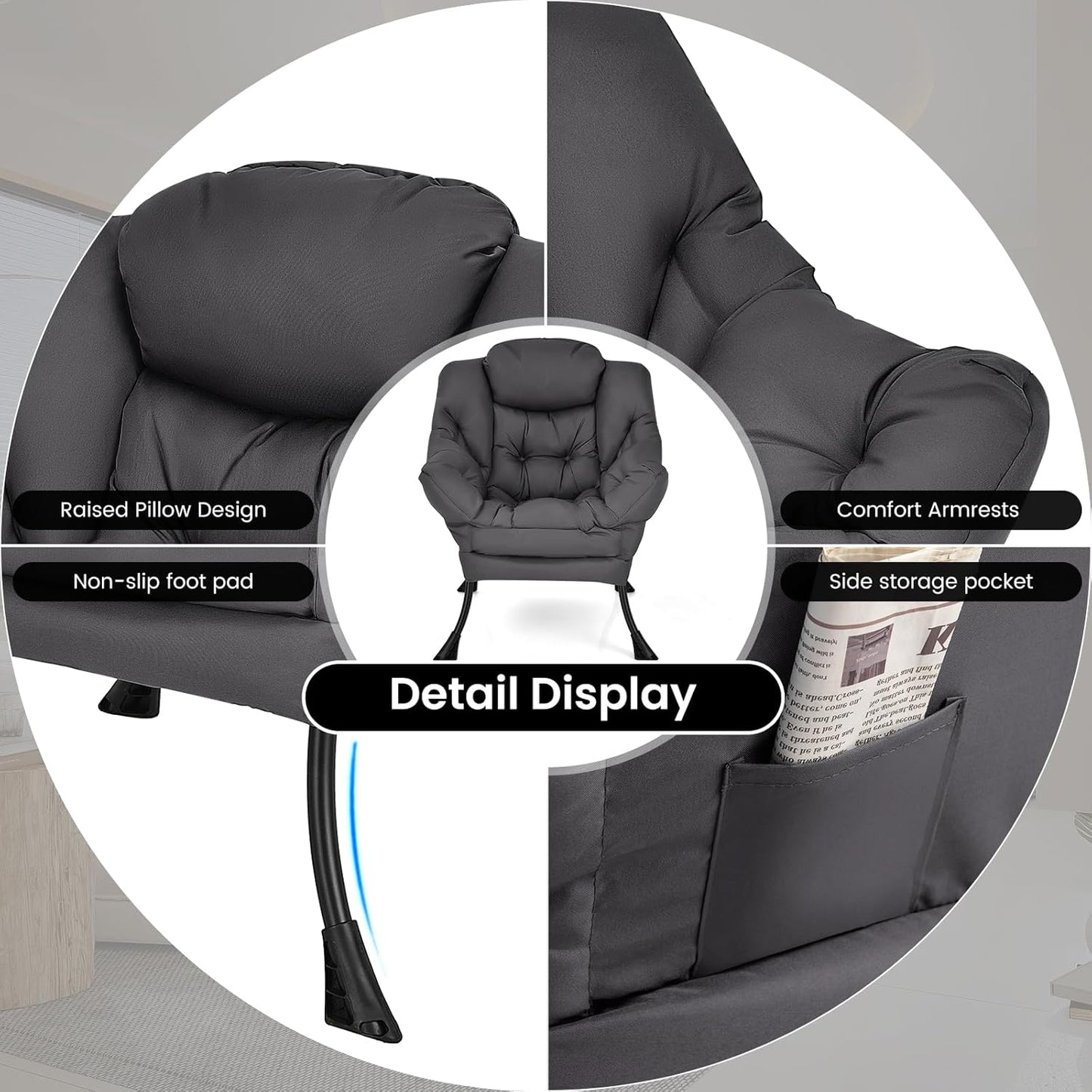 GORELAX Modern Lazy Chair,Upholstered Lounge Accent Chair, Single Leisure Sofa Chair with Armrests & Side Pocket, Comfy Reading Chair for Bedroom, Living Room, Dorm Room (Grey)