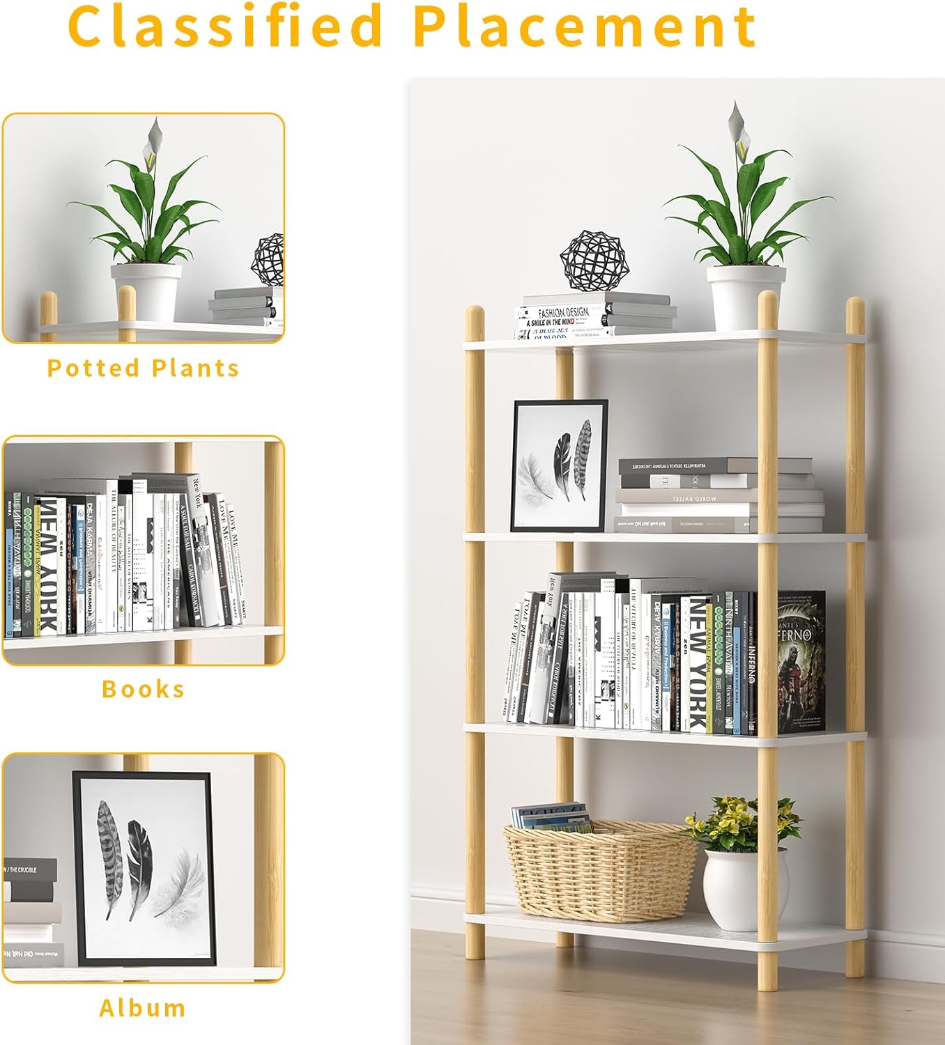 4-Tier Wooden Bookcase - Modern Freestanding Bookshelf, Multifunctional Display Shelf for Home and Office, White, Rectangular Design