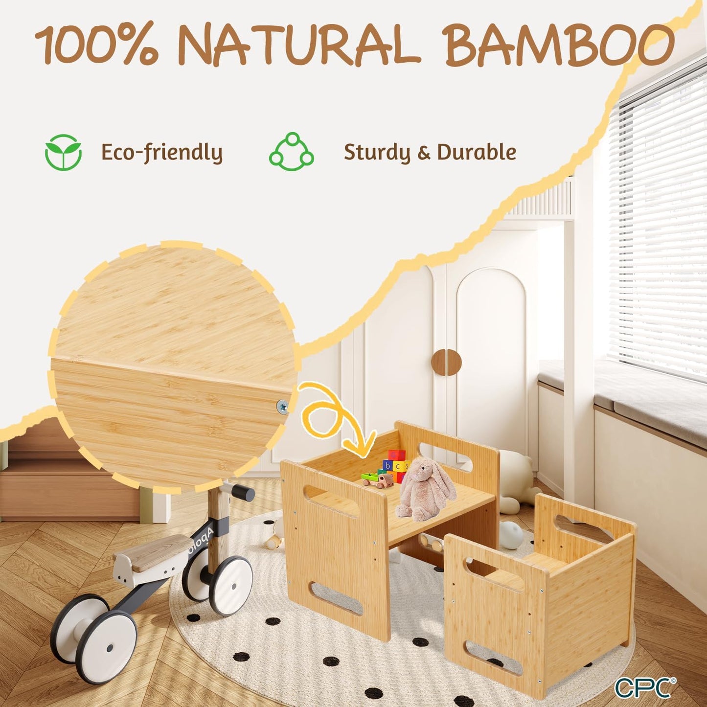 Montessori Table and Chair Set,Bamboo Wood Weaning Table and Chair Set,Adjustable Height Kids Montessori Furniture for Reading,Dining,Playing(Big Size)