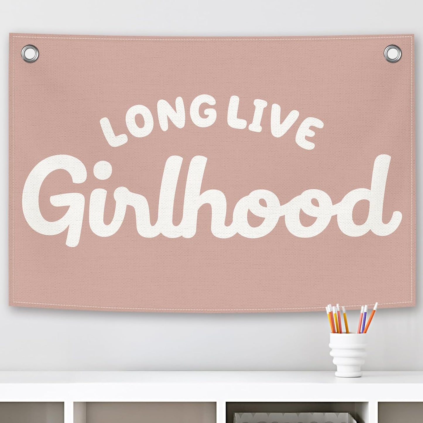 Long Live Girlhood Girls Kids Banner Canvas, Girly Toddler Room Decor, Boho Pink Playroom Hanging Flag Sign, Nursery Preppy Wall Tapestry Art for Baby Shower Classroom Bedroom Decor 20x30in
