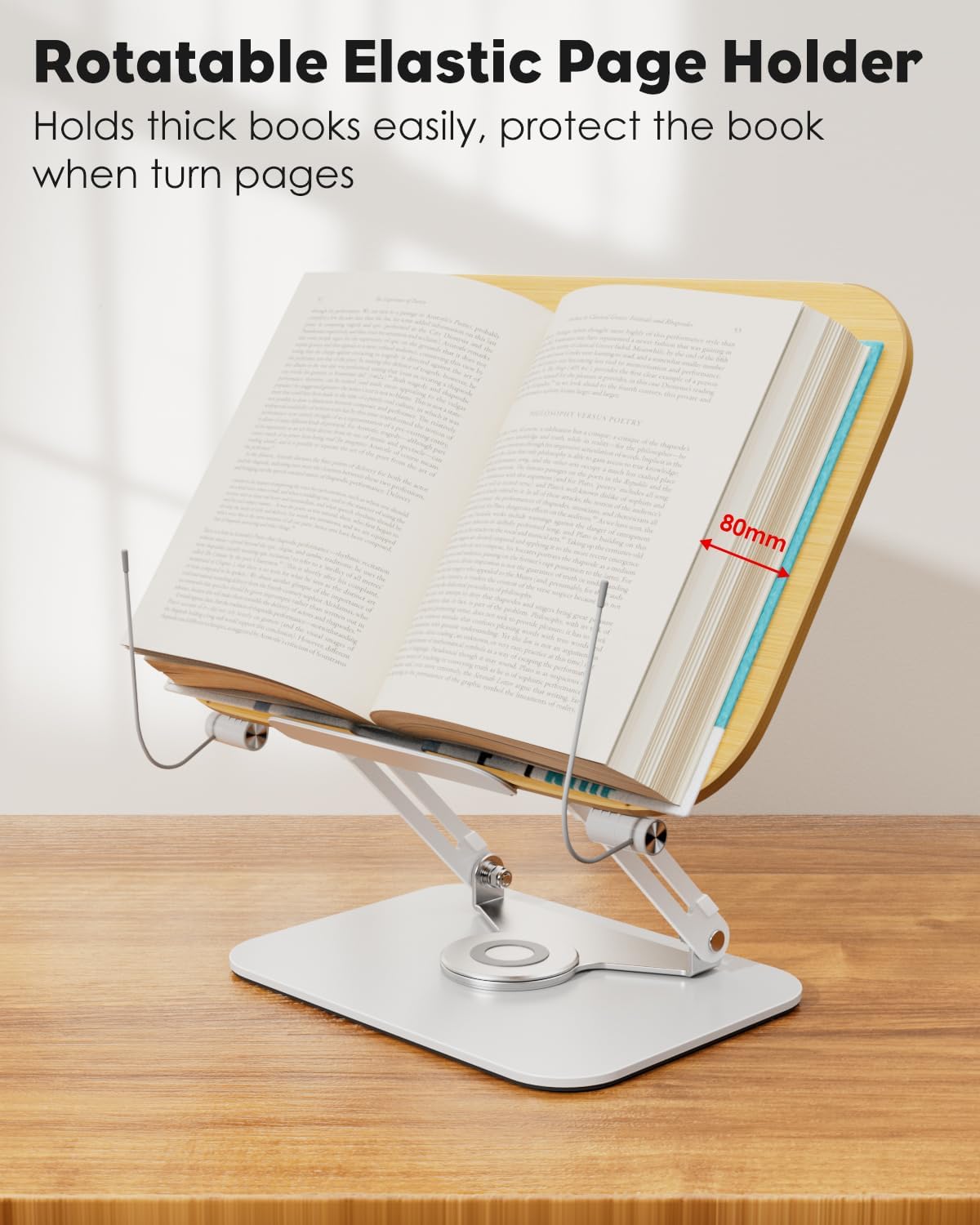 Book Stand for Reading, Aboutool Adjustable Book Holder with 360° Swivel Base & Page Clips, Foldable Cookbook Stand Textbook Stand for Music Scores, Recipe, Tablet, Laptop, Textbook
