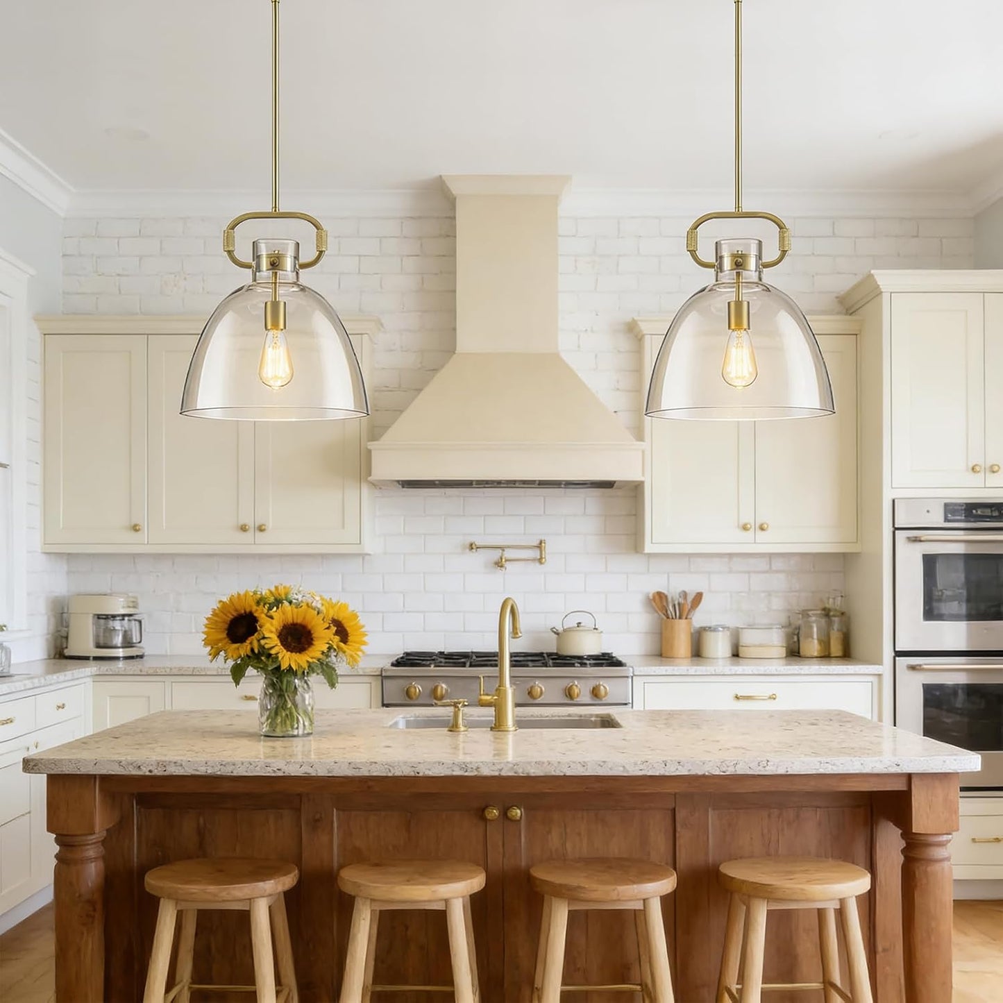 14’’ Large Pendant Lights Kitchen Island, 1-Light Modern Brass Gold Kitchen Island Lighting with Glass Shade, Adjustable Hanging Pendant Light for Dining Room Bedroom Hallway E26