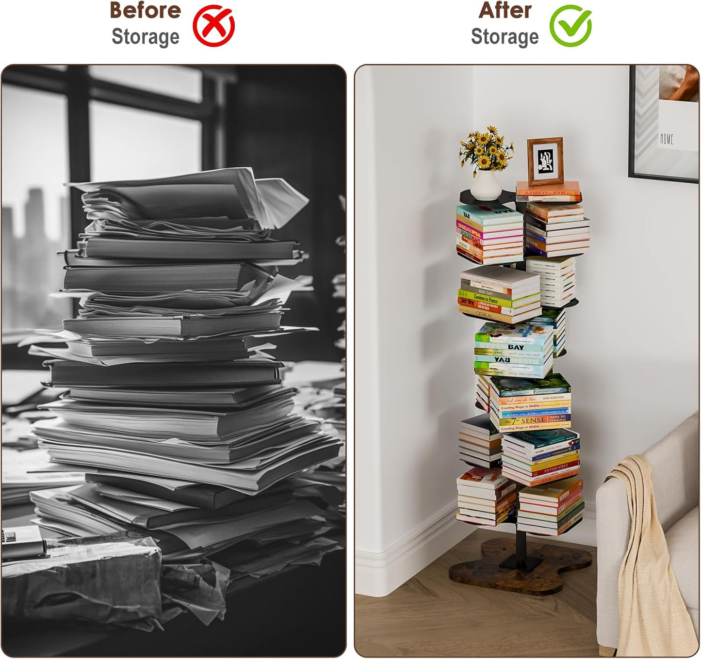 7 Tier Rotating Bookshelf, 360° Display Spinning Bookcase, Metal Corner Bookcases Storage Rack, Tall Floor Standing Revolving Bookshelves Narrow Book Shelf Organizer for Home Office, Black