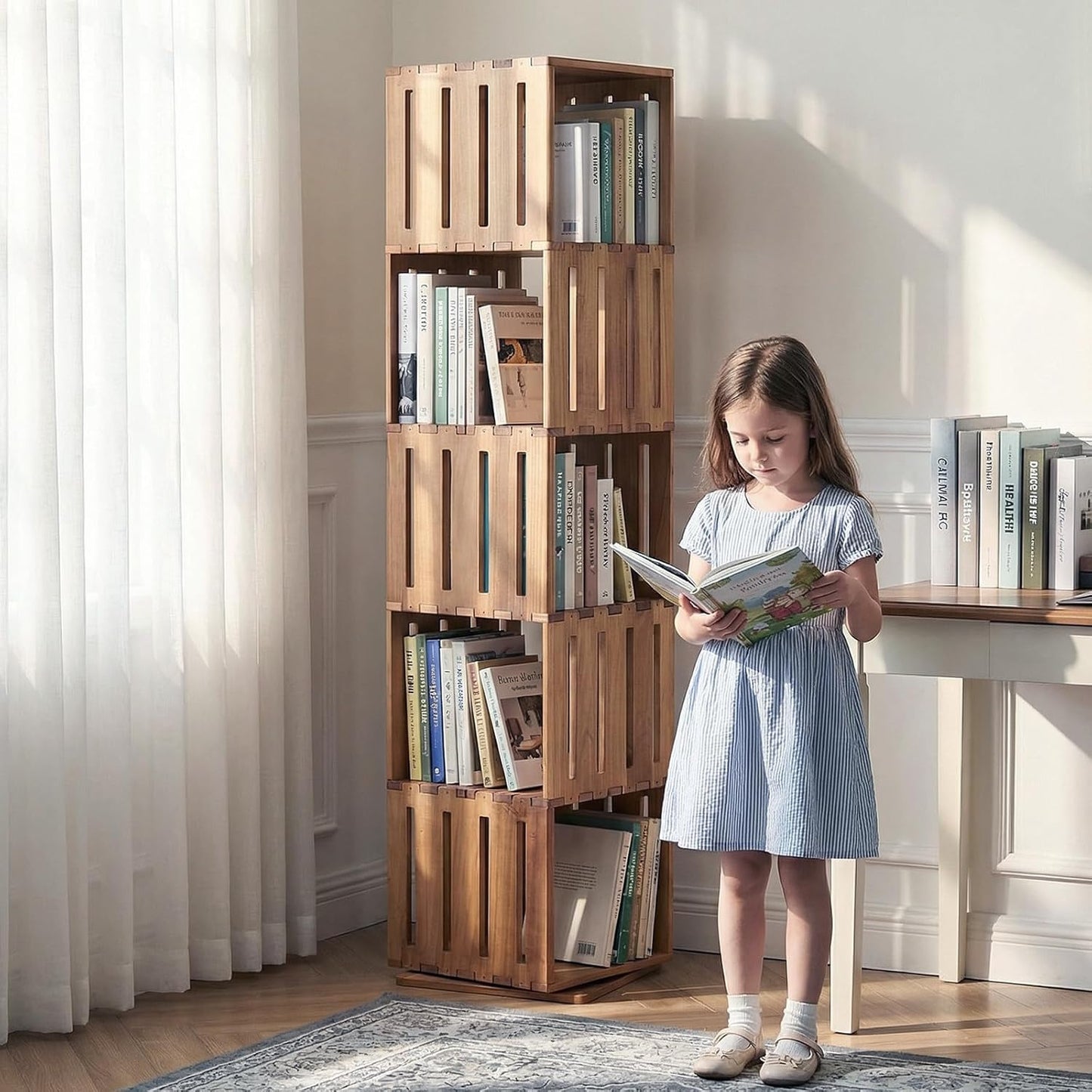 Wooden Rotating Bookshelf, 360°Spinning Deep-Bin Tower for Art Books&Large Formats, Solid Wood Revolving Bookcase, Floor Standing Storage Rack,Corner Organizer,Small Space,study,Office, 3-Tier